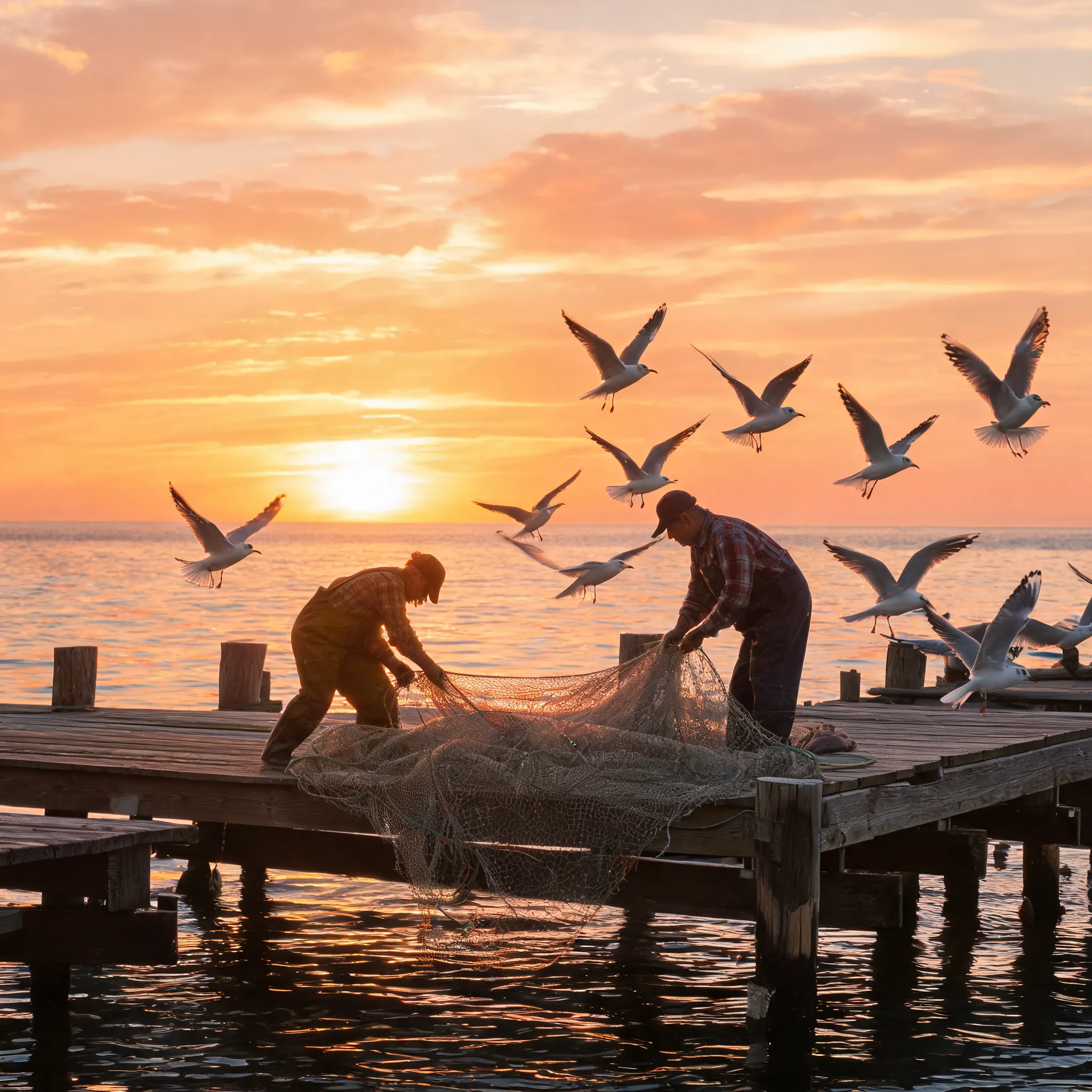 Seagulls startled by fishermen mending nets at dock during sunset