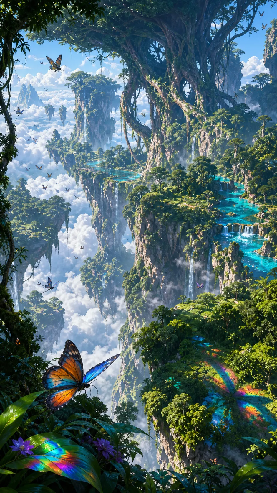 A massive tropical rainforest grows entirely above the cloud layer, supported by gigantic living roots extending into the sky. Crystal rivers flow between floating cliffs while enormous butterflies cast colorful shadows across the forest canopy. Rich biodiversity, breathtaking fantasy landscape.