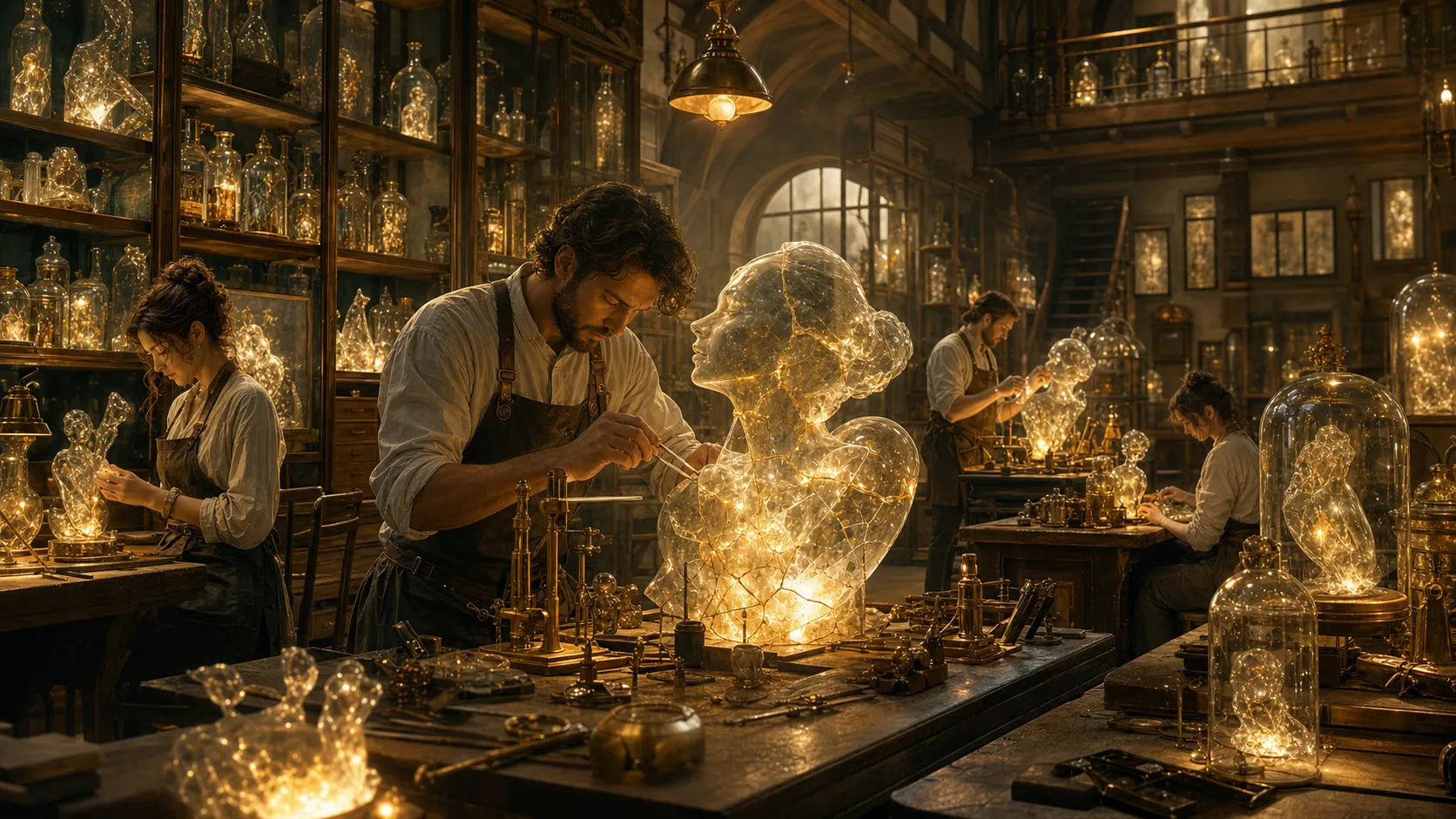 Inside an antique workshop, craftsmen carefully restore damaged memories as glowing glass sculptures. Shelves are filled with bottled laughter, faded childhood summers, handwritten letters, and fragments of forgotten dreams. Warm golden lighting, emotional surrealism, museum-quality installation aesthetic.