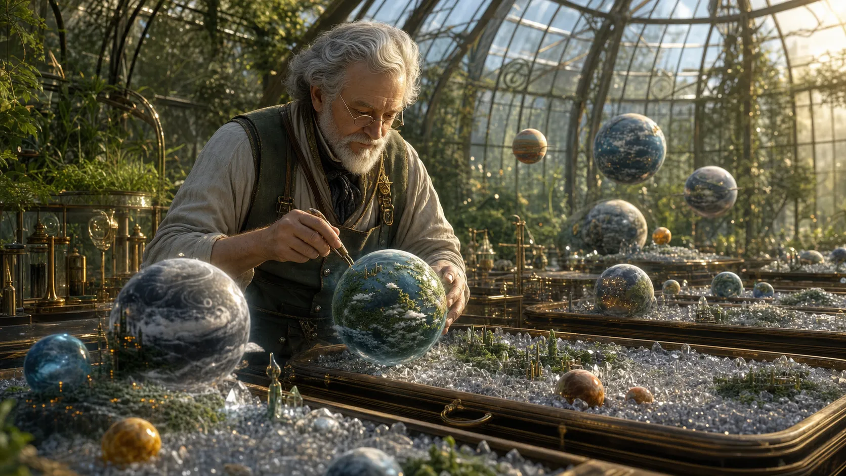 An elderly astronomer cultivates tiny planets instead of flowers inside a magnificent greenhouse. Every planet grows from crystal soil and contains miniature weather systems, forests, oceans, and civilizations. Soft morning sunlight shines through curved glass walls. Hyper-realistic fantasy illustration.