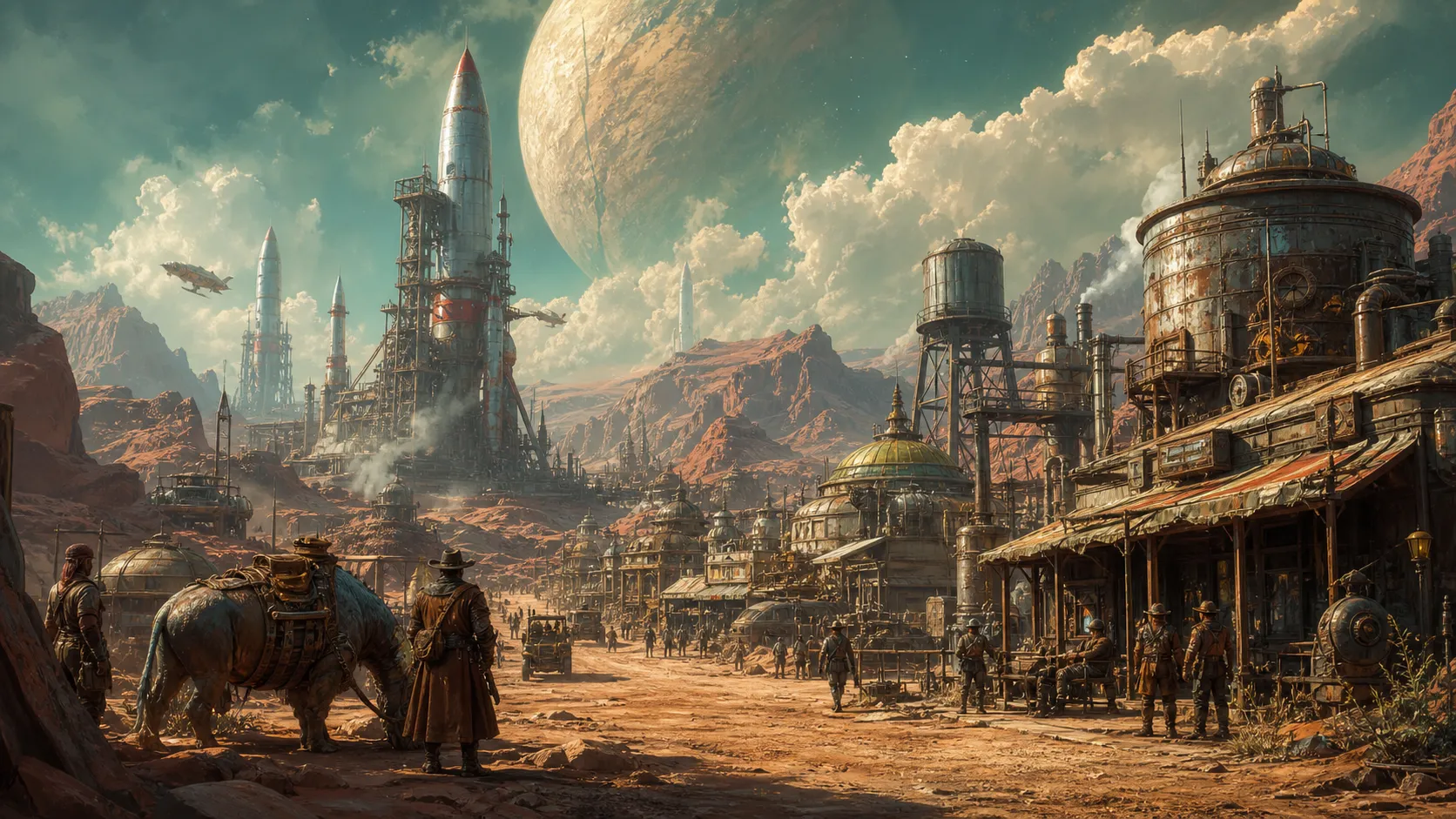 Dieselpunk space western landscape, a dusty frontier town on an alien planet, colossal industrial machinery and retro rocketships in the background, colonists in worn-out retro-futuristic gear, harsh and vibrant color palette, contrast between the rugged wilderness and heavy industrial elements, video game concept art, highly detailed, 8k.