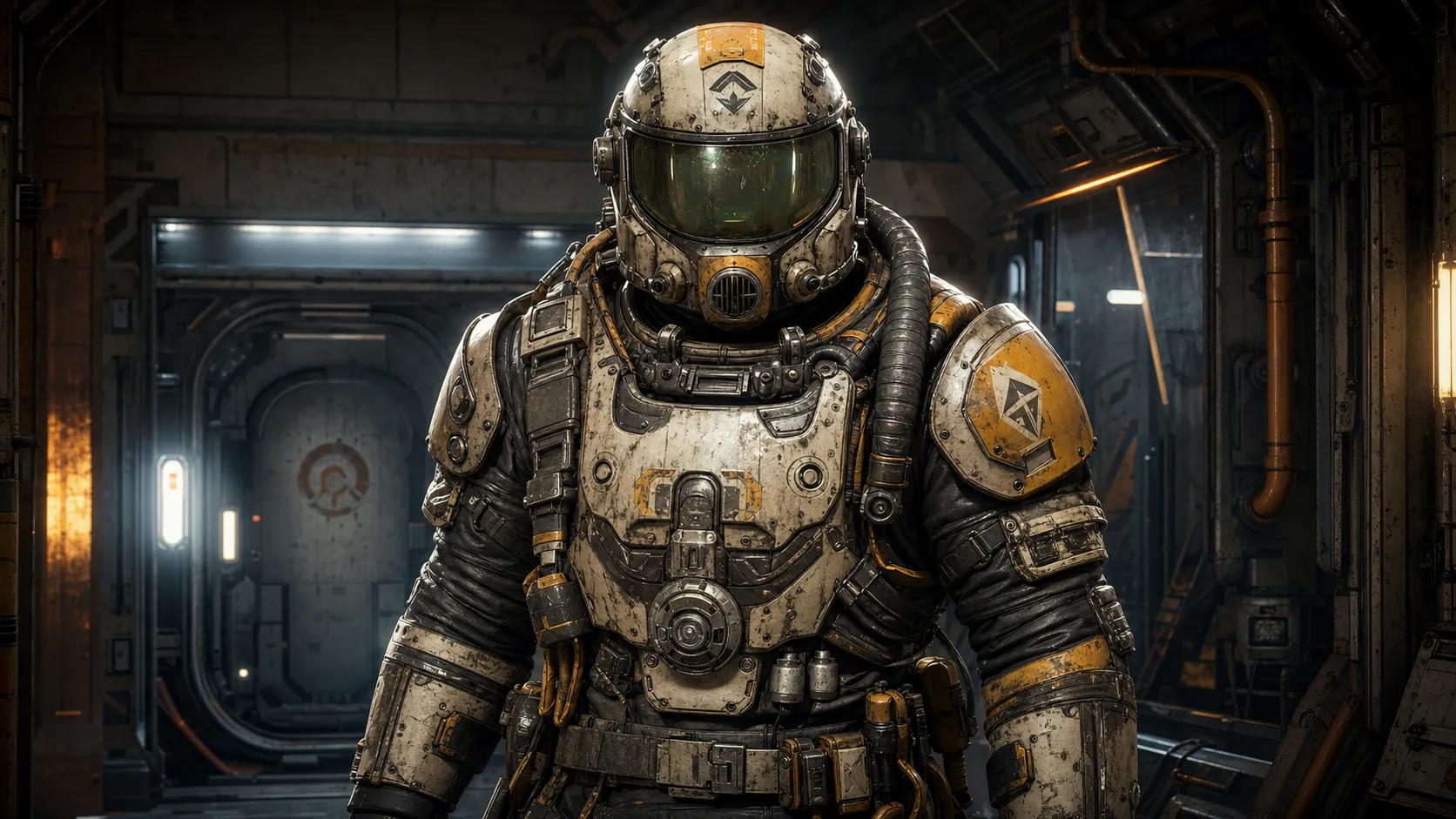 A character wearing a bulky, industrial-style space suit and a retro-futuristic helmet, standing in a gritty space station interior, functional and worn-out metal armor with large rivets and pipes, corporate logos on the suit, stylized portrait, sharp lighting, inspired by the art of Cedric Peyravernay, game art, high quality, sharp focus.