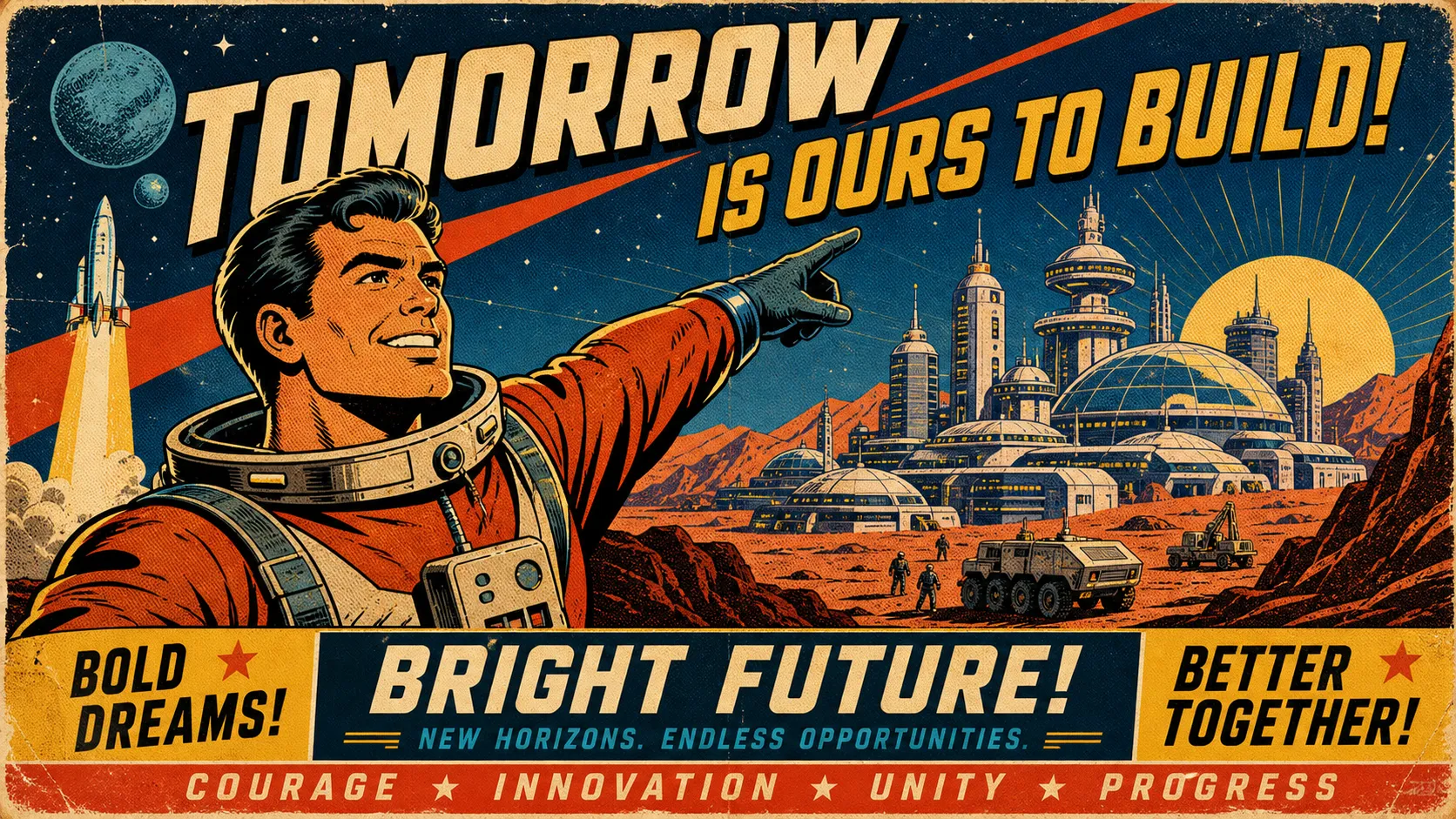 Propaganda poster art in a retro comic book style, a heroic space explorer pointing at a corporate-built colony, vivid and contrasting colors, halftone dots texture, bold typography, vintage advertisement aesthetic, slightly worn and printed look, stylized vector art, flat illustration style.