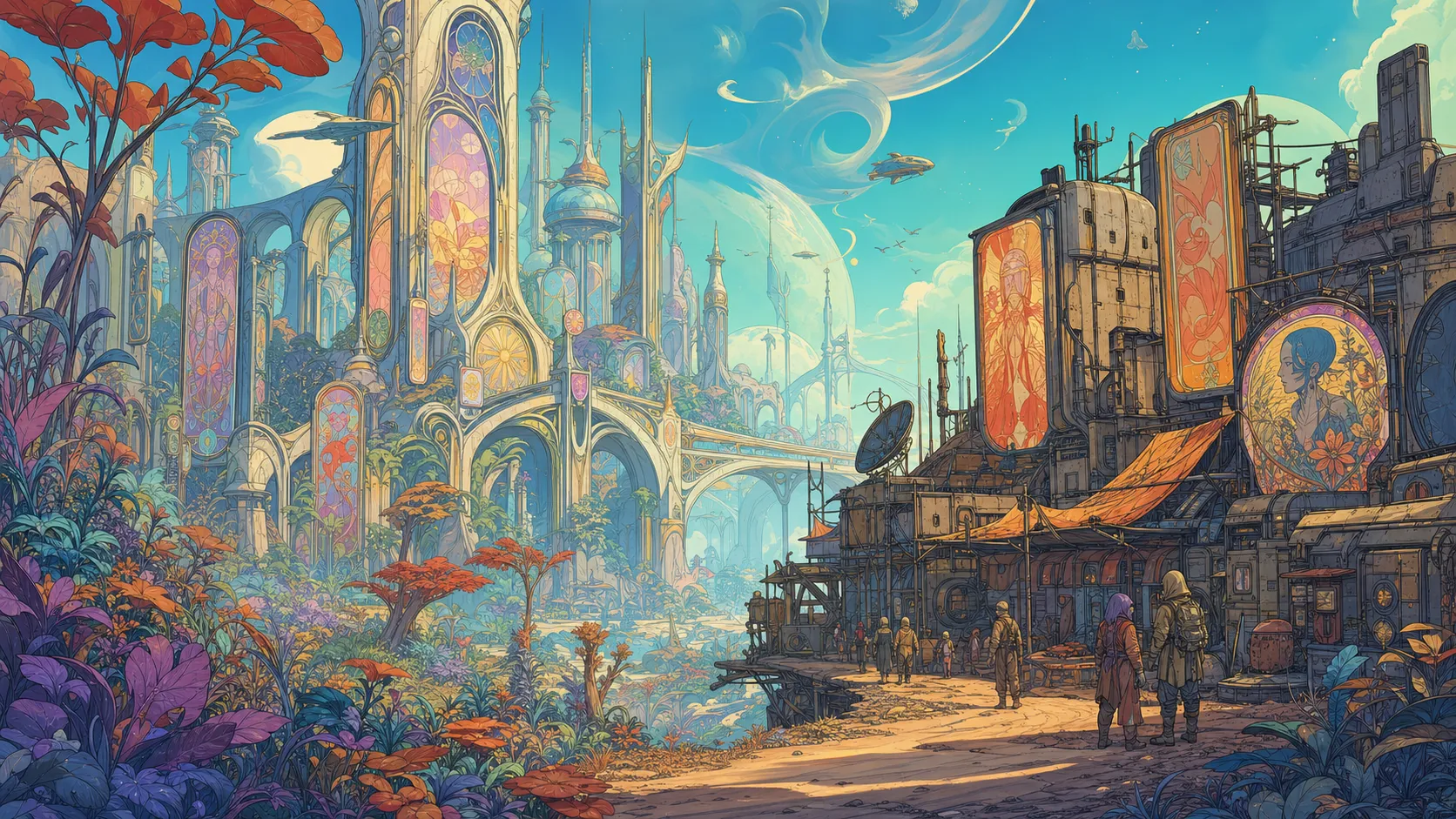 Vibrant and alien landscape, an Art Nouveau-inspired city with elegant arches and decorative elements contrasting with a rugged frontier settlement, lush and colorful alien flora, striking blue and green skies, colorful advertisements, the atmosphere is both inviting and strange, concept art, inspired by Moebius and Alphonse Mucha, beautiful lighting.