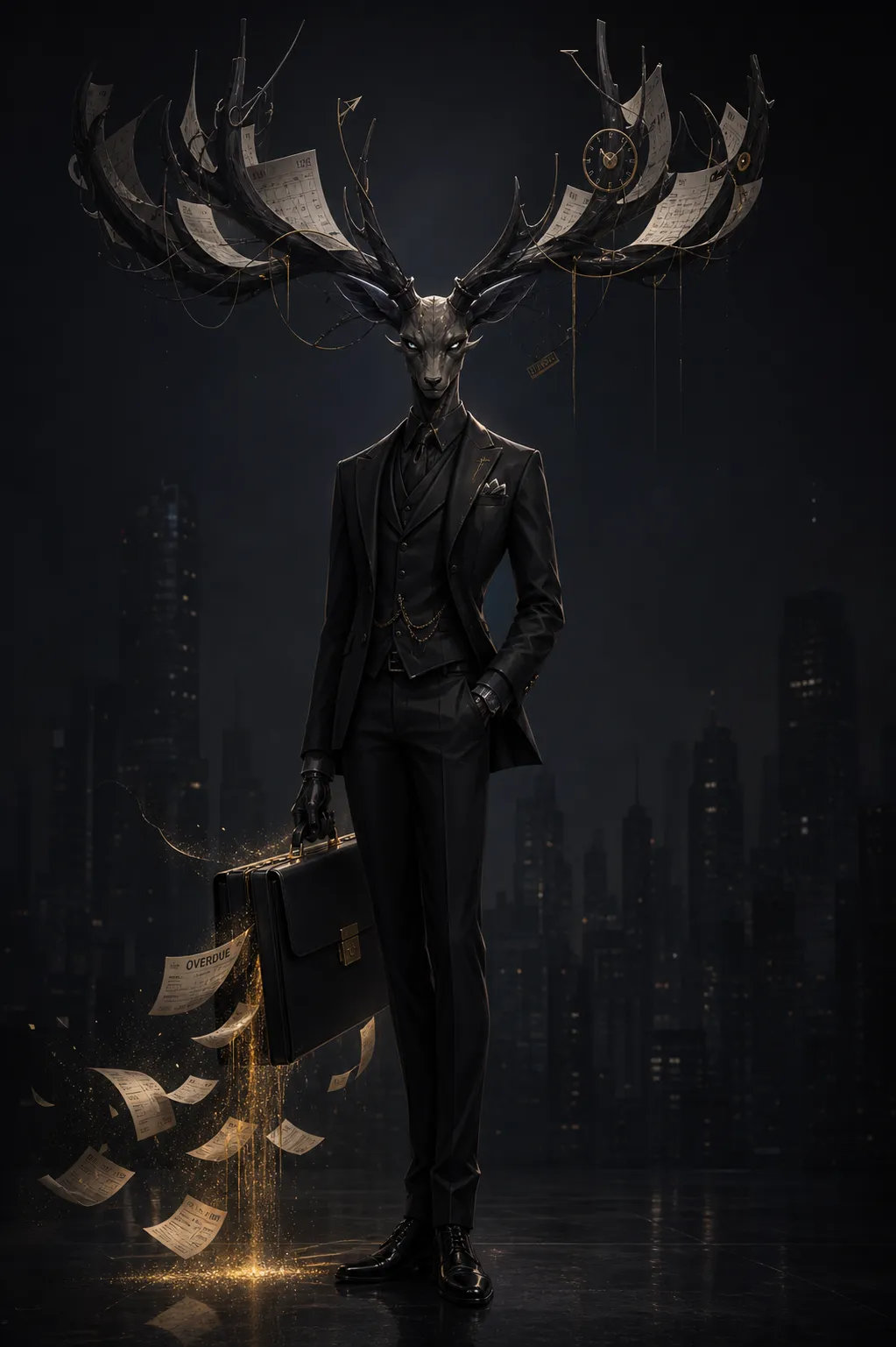 The main villain of an adult urban fantasy animated series, called The Deadline King, born from deadlines, debt cycles, social pressure and the fear of falling behind. He appears as an elegant anthropomorphic stag-like executive figure wearing a perfectly tailored black suit, dark gloves and polished black shoes. His long shadow antlers are made of calendar pages, clock hands, contract clauses and thin black cables. His face is calm, charming and terrifying, with a quiet executive smile and cold intelligent eyes. He carries a black briefcase that leaks cold golden time-dust, overdue notices and faint glowing contract seals. Tall refined silhouette, powerful but restrained presence, stylish but unsettling, not grotesque. Full body main antagonist concept art, clean dark studio background, cinematic 3D animated style, premium streaming animation character design. Same adult animated series as the five anthropomorphic animal heroes, mature urban psychological fantasy, villain born from adult stress and city pressure, sophisticated character design, expressive silhouette, dark modern city atmosphere, elegant psychological threat, not childish, not for children, not gore, not cheap horror. Negative prompt: childish monster, preschool cartoon, toy villain, cute mascot, colorful kids show, cheap Halloween costume, fantasy demon, medieval monster, gore, blood, body horror, zombie, realistic animal, realistic human, ugly random creature, messy silhouette, bad anatomy, extra limbs, blurry, low quality, plastic toy look.
