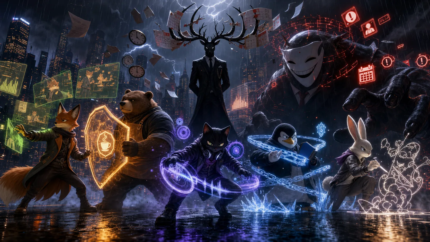 A cinematic key art poster for an adult urban fantasy animated series, five anthropomorphic animal heroes in powered transformation forms facing The Deadline King and a Corporate Pressure Creature. Neon city skyline at midnight, rain-slick streets, glowing storm of overdue bills, clock hands, phone notifications, red calendar alerts and floating KPI charts. The fox creative director projects green and amber holographic false realities, the brown bear coffee shop owner holds a massive warm amber shield, the black cat musician DJ cuts through blue-purple sonic waves, the penguin lawyer locks the battlefield with ice-blue legal restraint rings, and the rabbit illustrator draws glowing white sketch lines that become real. The Deadline King stands above them in a perfectly tailored black suit with shadow antlers made of calendar pages and clock hands, while the Corporate Pressure Creature looms beside him with a white corporate smile mask and orbiting red meeting reminders. Mature cute but cinematic, stylish adult animation, premium streaming series key art, dramatic composition, emotionally intense, sophisticated urban fantasy action, not childish. Same adult animated series as the five anthropomorphic animal heroes, mature urban psychological fantasy, villains born from adult stress and city pressure, sophisticated character design, expressive silhouettes, dark modern city atmosphere, elegant psychological threat, cinematic 3D animated style, premium streaming animation key art, not childish, not for children, not gore, not cheap horror. Negative prompt: childish superhero team, preschool cartoon, toy mascot, toy-like armor, colorful kids show, cheap Halloween costume, fantasy demon, medieval monster, gore, blood, body horror, zombie, realistic animal, realistic human, ugly random creature, messy silhouette, bad anatomy, extra limbs, blurry, low quality, plastic toy look.