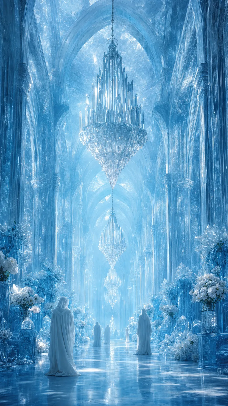Beneath kilometers of crystal-clear Antarctic ice lies an ancient cathedral carved entirely from translucent sapphire ice. Gigantic frozen chandeliers hang from impossibly tall ceilings while soft blue light filters through centuries-old glaciers above. Silent figures in white robes walk through endless halls filled with frozen flowers and glowing crystals. Ethereal atmosphere, architectural photography, dreamlike realism.
