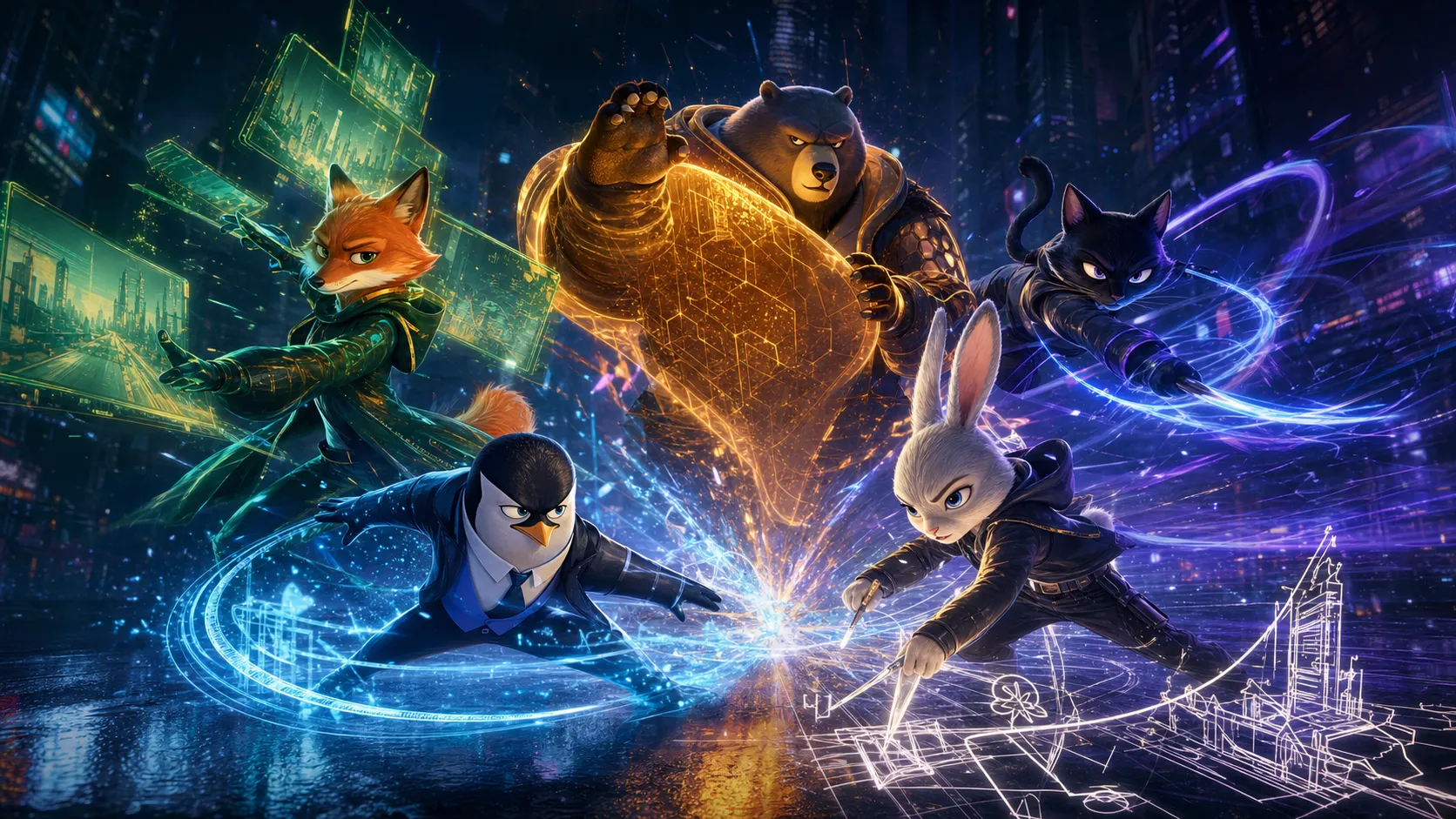 A cinematic team combo attack scene featuring five anthropomorphic animal main characters from the same adult animated series in their powered forms, the fox projecting false realities with green amber holograms, the bear holding a massive warm amber shield, the black cat slicing through the scene with blue-purple sonic waves, the penguin locking the battlefield with ice-blue legal restraint rings, and the rabbit drawing glowing white sketch lines that become real. Their combined ability is called Final Revision, a temporary reality rewrite powered by stress, creativity and urban survival instincts, dramatic city night background, mature cute but cinematic, premium 3D animated key art, dynamic composition. Same adult animated series, mature cute but cinematic, stylish urban fantasy action, powered transformation form, ability activation scene, dramatic energy effects, dynamic pose, expressive nuanced face, sophisticated 3D animated style, premium streaming animation key art, not childish, not for children, not toy-like. Negative prompt: childish superhero team, preschool cartoon, toy mascot, toy-like armor, giant robot, magical girl costume, colorful kids show, fantasy knight armor, gore, horror, realistic animal, ugly, deformed, bad anatomy, extra limbs, blurry, low quality, messy design, cheap plastic armor.