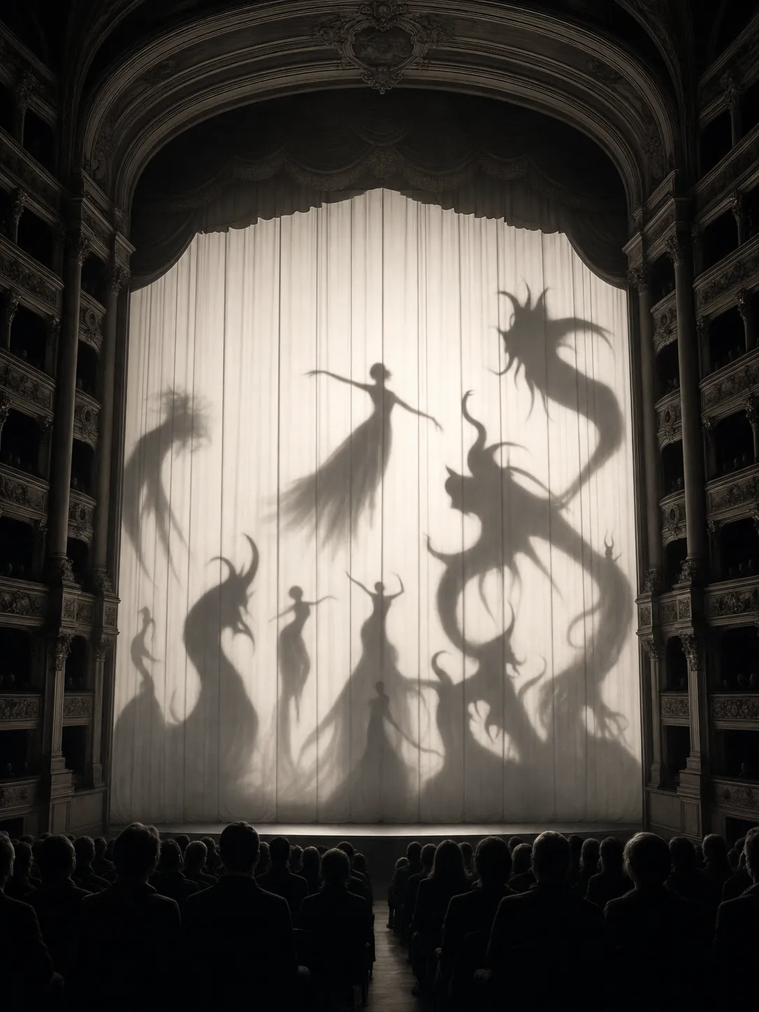 A grand opera house where performers are invisible, and only their shadows appear on enormous white curtains. The shadows dance, sing, and transform into abstract creatures while the audience watches in complete silence. Dramatic stage lighting, minimalist surrealism, museum-quality conceptual art.