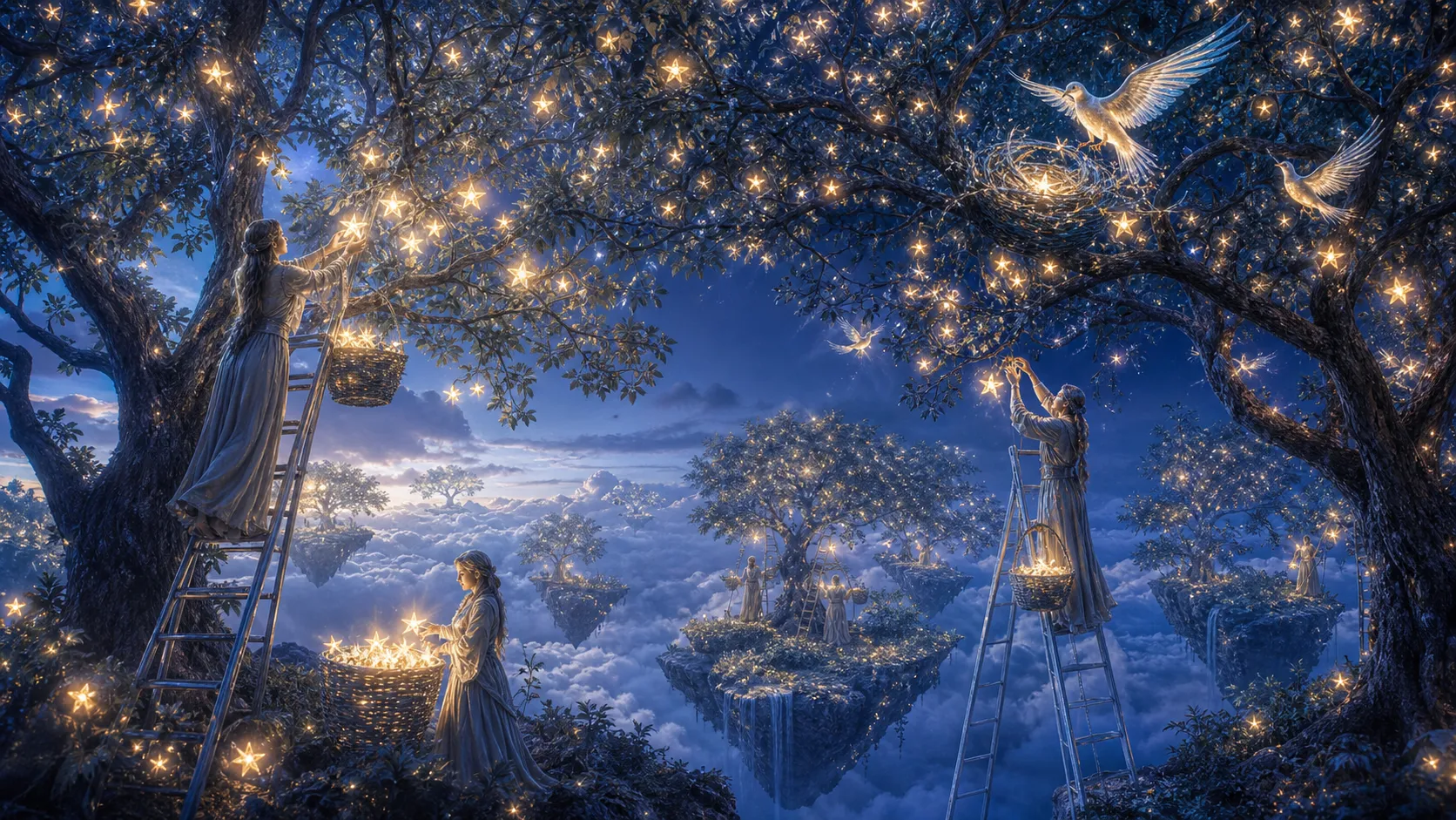 A vast orchard floating high above the clouds where fruit grows as tiny glowing stars instead of apples. Gardeners carefully harvest constellations using delicate silver ladders while luminous birds build nests from starlight. Dreamlike fantasy realism, poetic visual storytelling.
