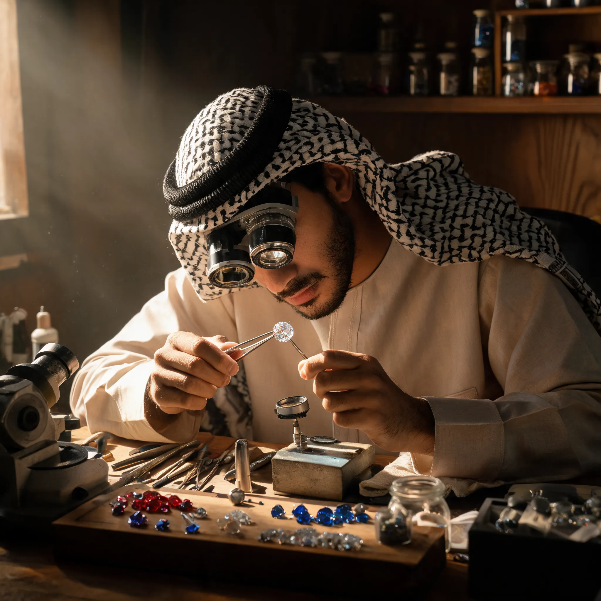 Young Middle Eastern jeweler, focused on gem cutting, workbench with tools, rich light and shadows