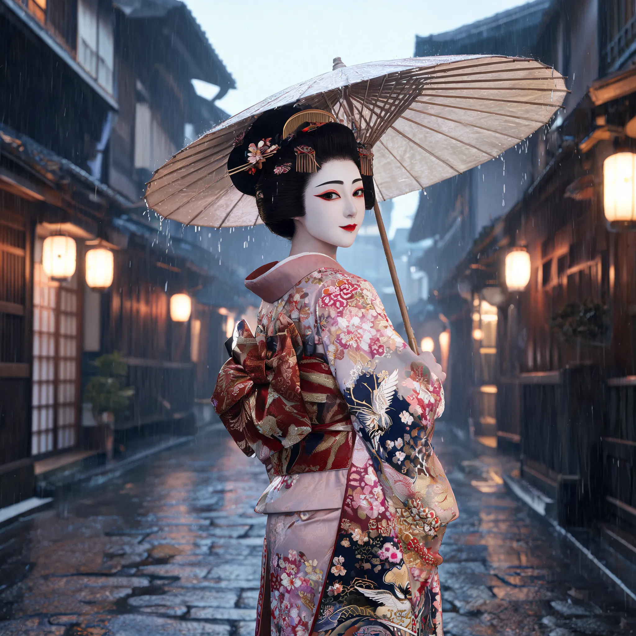 Geisha glancing back, intricate makeup, detailed kimono, walking in rain, atmospheric beauty