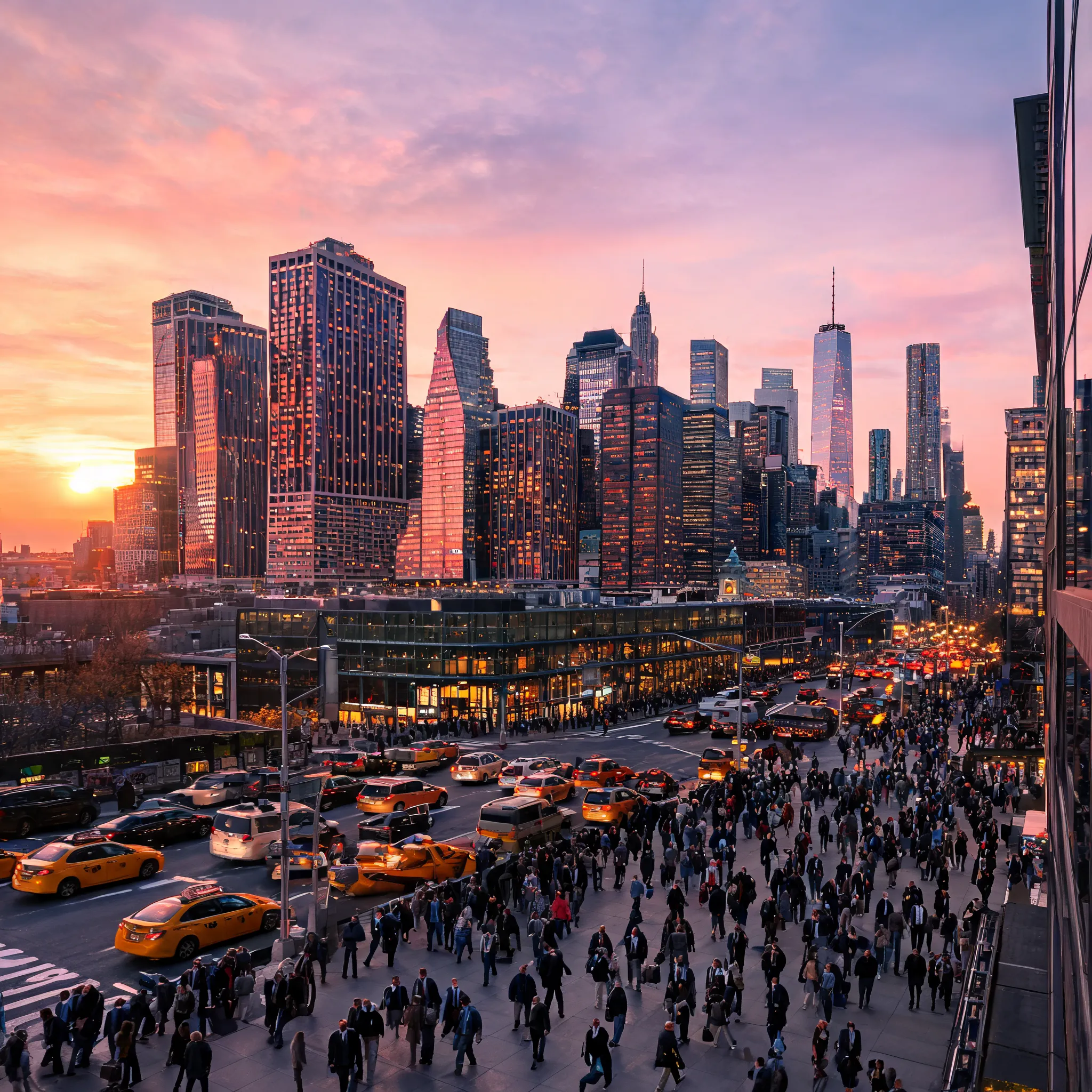 Manhattan at dusk, glass skyscrapers reflecting sunset, busy commuters on the streets below