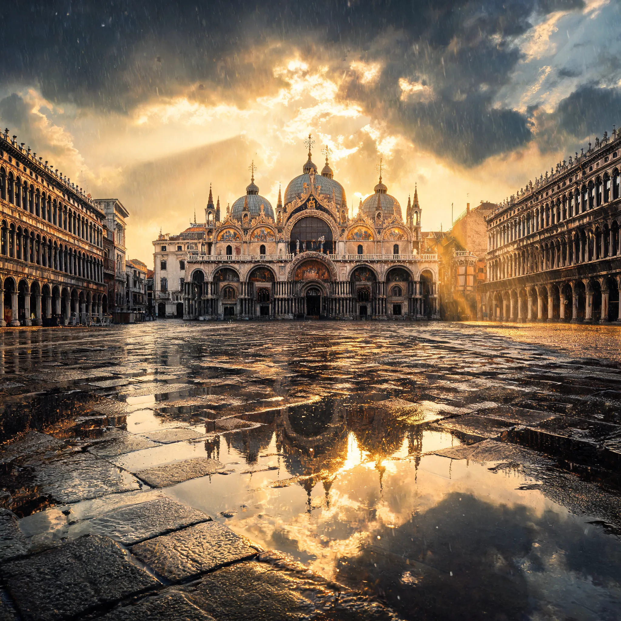 A rain-soaked St. Mark's Square in Venice, golden sunlight breaking through clouds, reflecting off wet cobblestones, 4K