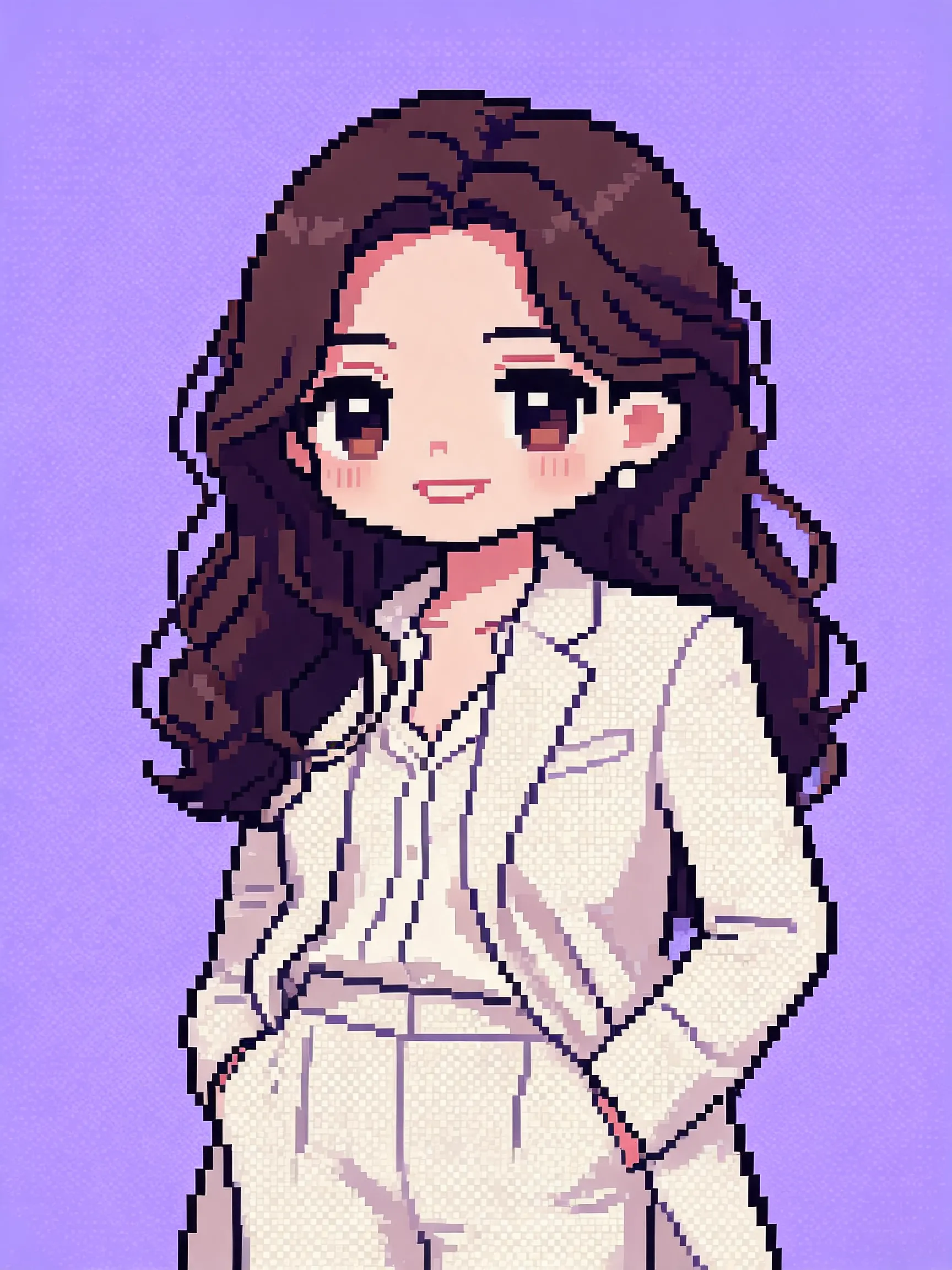 An avatar of a real person transformed into a vintage 2000s internet chat room character, 16-bit pixel art style, chibi proportions with large head and small body, retro pixelated textures, limited color palette, bright saturated neon colors, simple solid background, retro fashion clothing, nostalgic low-resolution game sprite, adorable and cute, early internet aesthetic