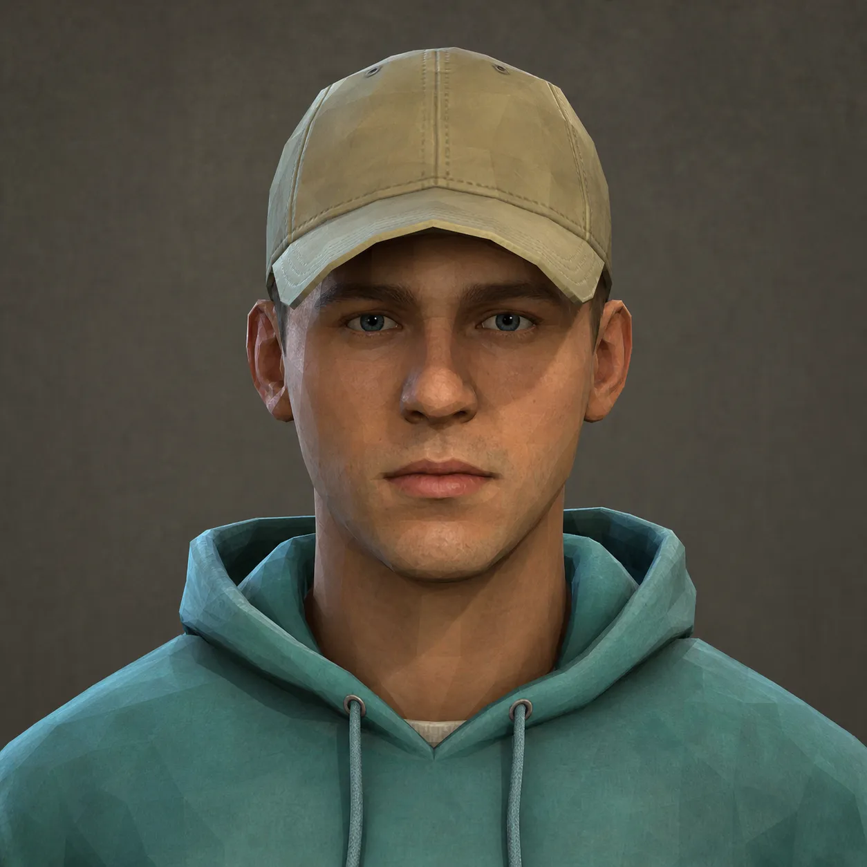A realistic 3D character portrait of a person, Source Engine real-time render style, Half-Life 2 aesthetic, three-dimensional polygon mesh with visible faceted geometry, detailed normal mapping, dynamic per-pixel lighting, realistic shadow casting, ambient occlusion, high dynamic range lighting, physically based rendering, game character model, neutral expression, front-facing view, game UI portrait, early 2000s PC game graphics, (masterpiece, best quality:1.2), sharp focus, 8k resolution