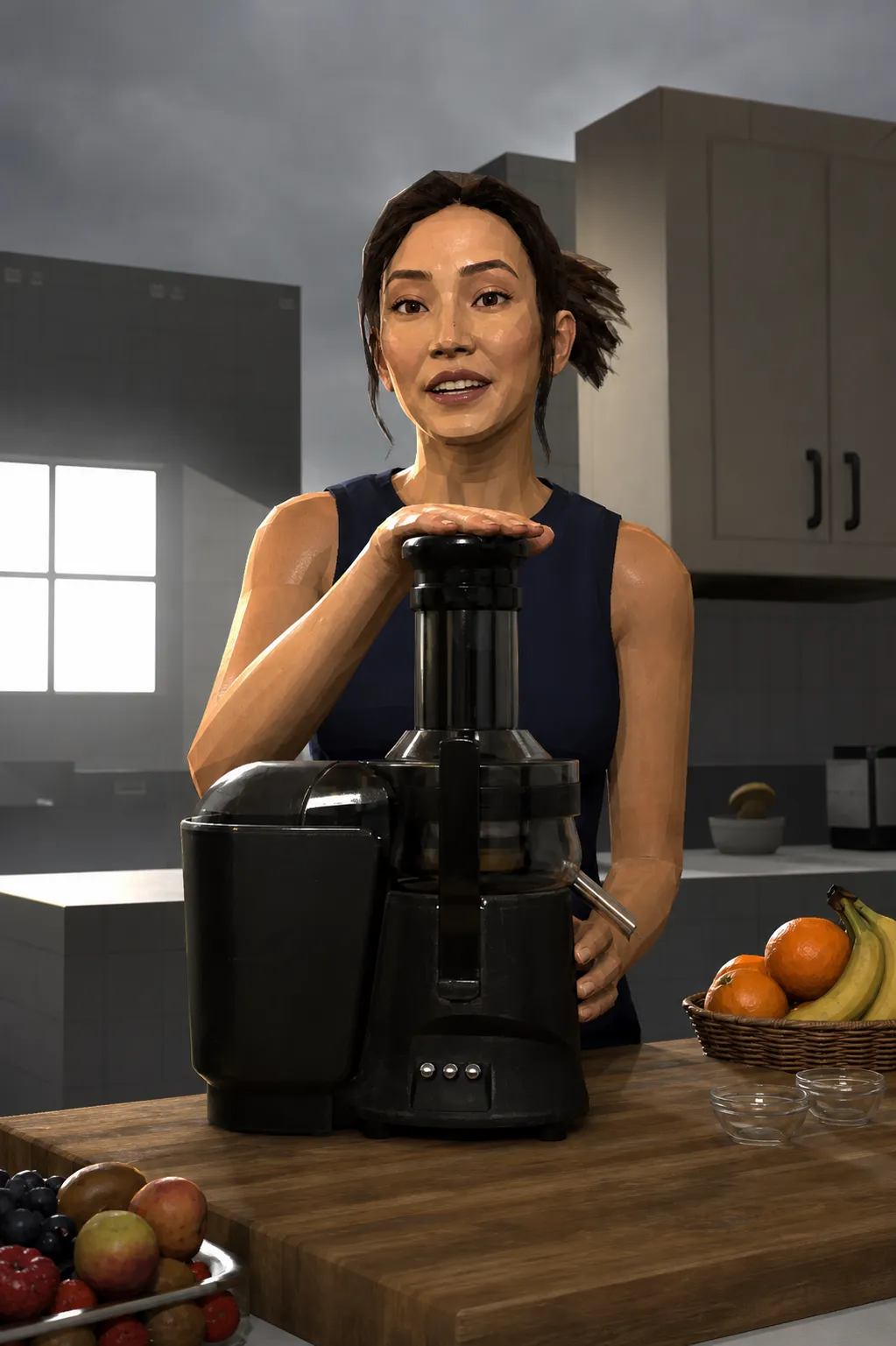 A 3D scanned real person converted into a Source engine character model, early Source 2007 shaders, phong specular highlights, low-poly base mesh with subdivision surfaces, hand-painted diffuse textures, exaggerated facial features, stiff upper-body pose, gray skybox environment, video game cinematic lighting, 3D game asset, nostalgic Orange Box era graphics