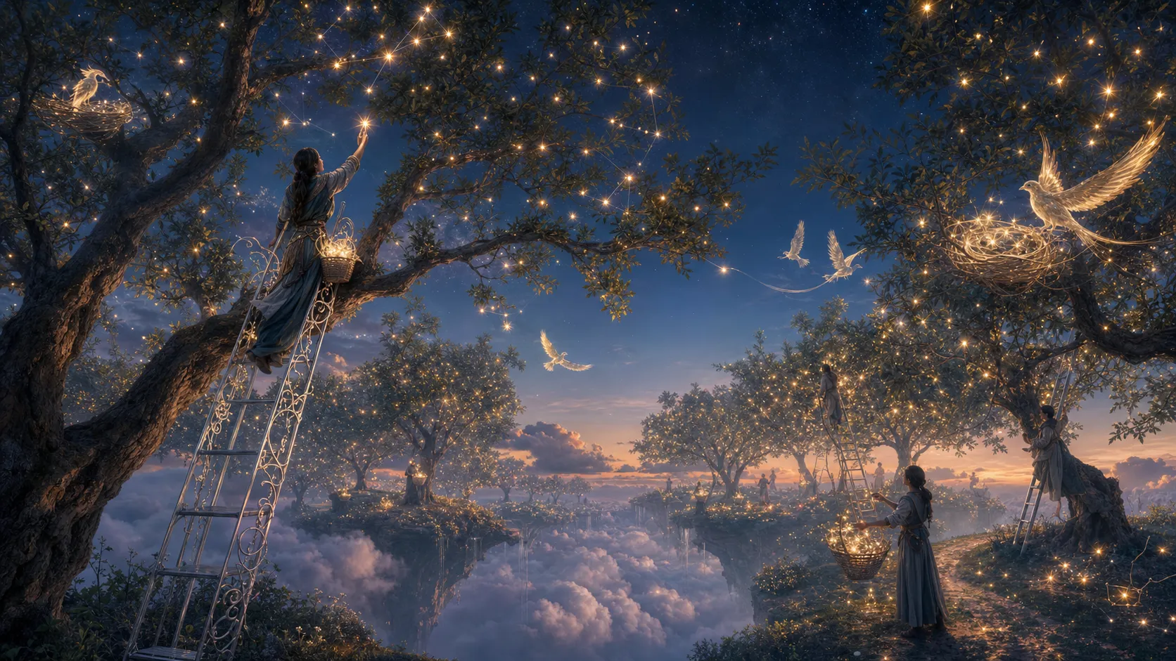 A vast orchard floating high above the clouds where fruit grows as tiny glowing stars instead of apples. Gardeners carefully harvest constellations using delicate silver ladders while luminous birds build nests from starlight. Dreamlike fantasy realism, poetic visual storytelling.