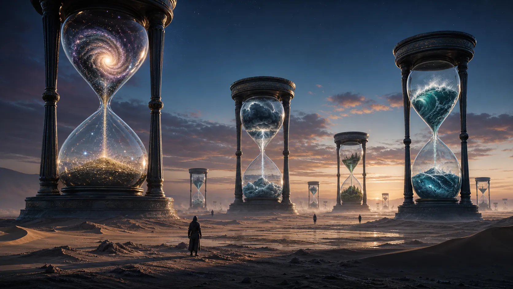 A silent desert filled with colossal hourglasses hundreds of meters tall. Instead of sand, each hourglass contains flowing galaxies, oceans, forests, or thunderstorms. Travelers walk between these monumental structures beneath an endless twilight sky. Surreal landscape, cinematic realism.