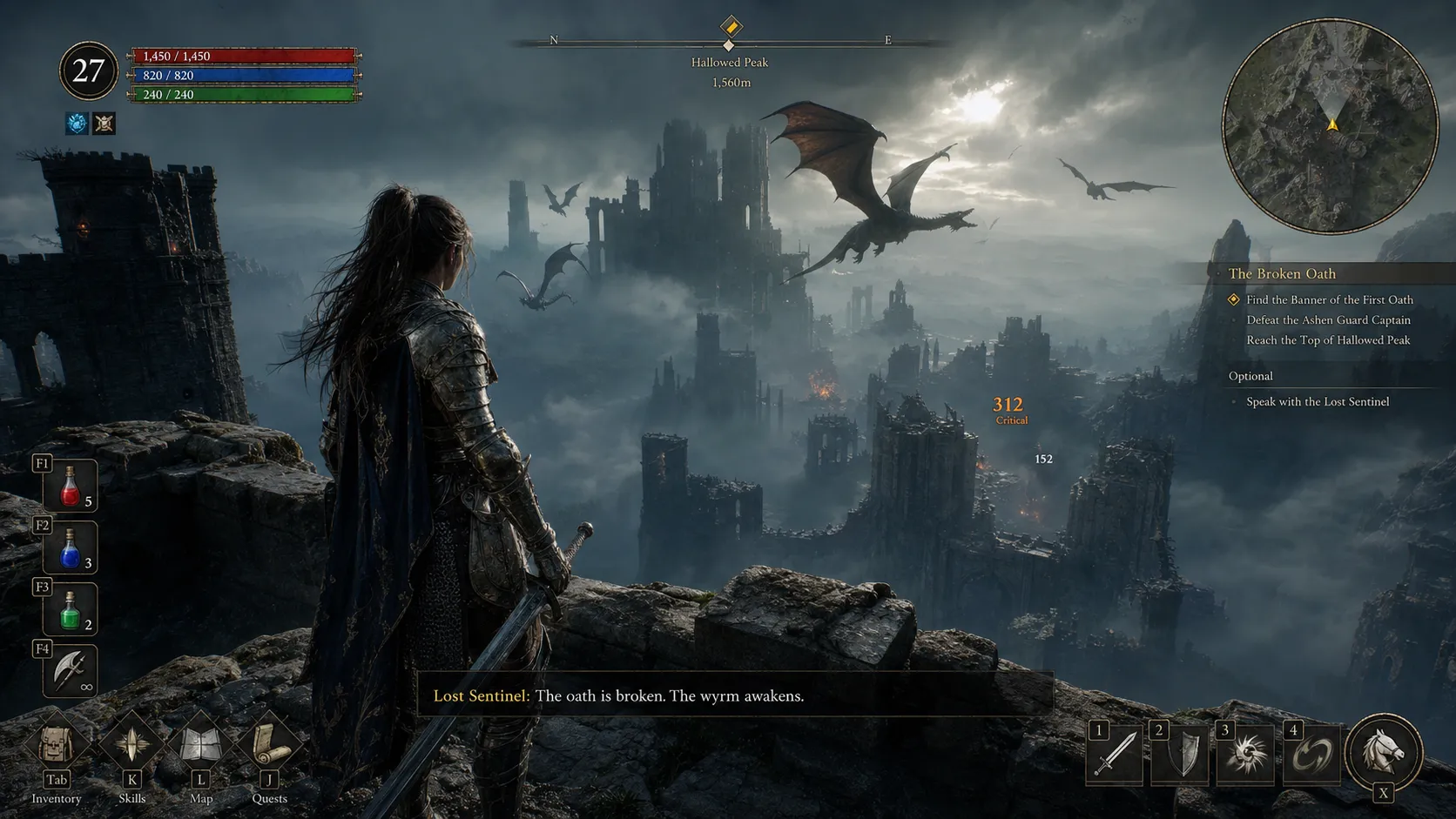 An ultra-realistic AAA open-world action RPG gameplay screenshot. A lone female knight stands on the edge of a massive ruined castle overlooking a fog-covered valley filled with ancient dragons flying between broken towers. The complete game HUD is visible, including a circular minimap, quest tracker, stamina bar, health bar, mana bar, compass, inventory shortcuts, damage numbers, and dialogue subtitles. Dynamic weather, Unreal Engine 5 quality, cinematic lighting, highly immersive gameplay interface.