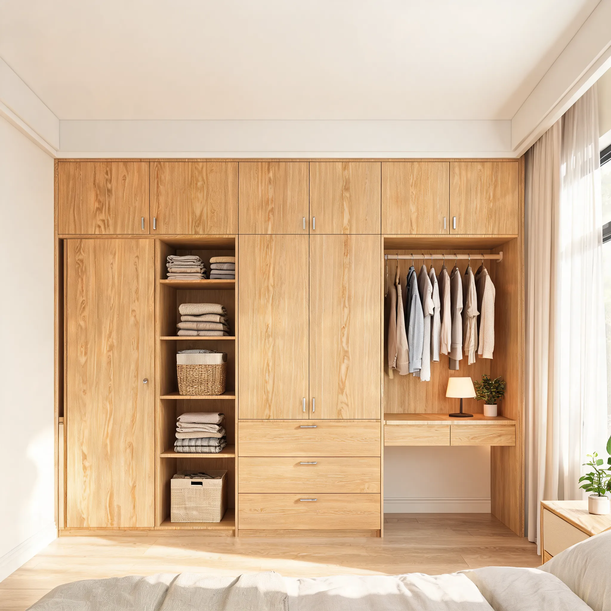 Custom wardrobe design, interior visualization, modular furniture, realistic wood textures