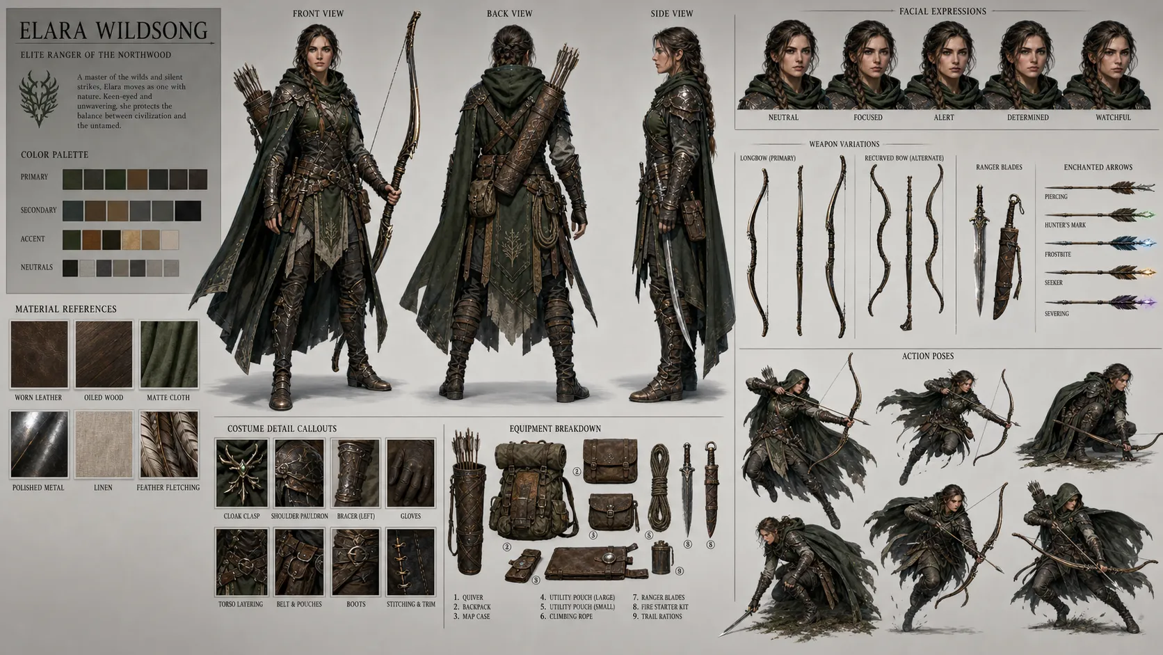 A complete fantasy RPG character design sheet for an elite female ranger. Display front view, back view, side profile, facial expressions, weapon variations, costume details, equipment breakdown, color palette, material references, and multiple action poses. AAA game concept art quality.