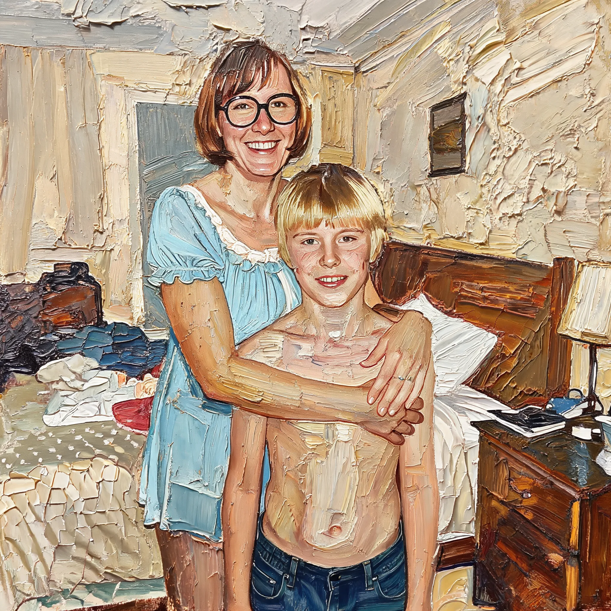 Transform this portrait into a high-end, heavily textured palette-knife abstract oil painting. Reinterpret the source subject not as a photo, but through bold masses of thick, layered impasto paint and energetic color-block collisions. The brushstrokes must be incredibly distinct and chaotic, with raw, scraped edges defining the silhouette cues and emotional energy. While fine facial details are gone, the core posture, emotional tone, and spiritual essence must remain perceptible through the massive paint movement. Render the background with the same thick, painterly language to create a unified, visually heavy, and emotionally charged abstract masterpiece.