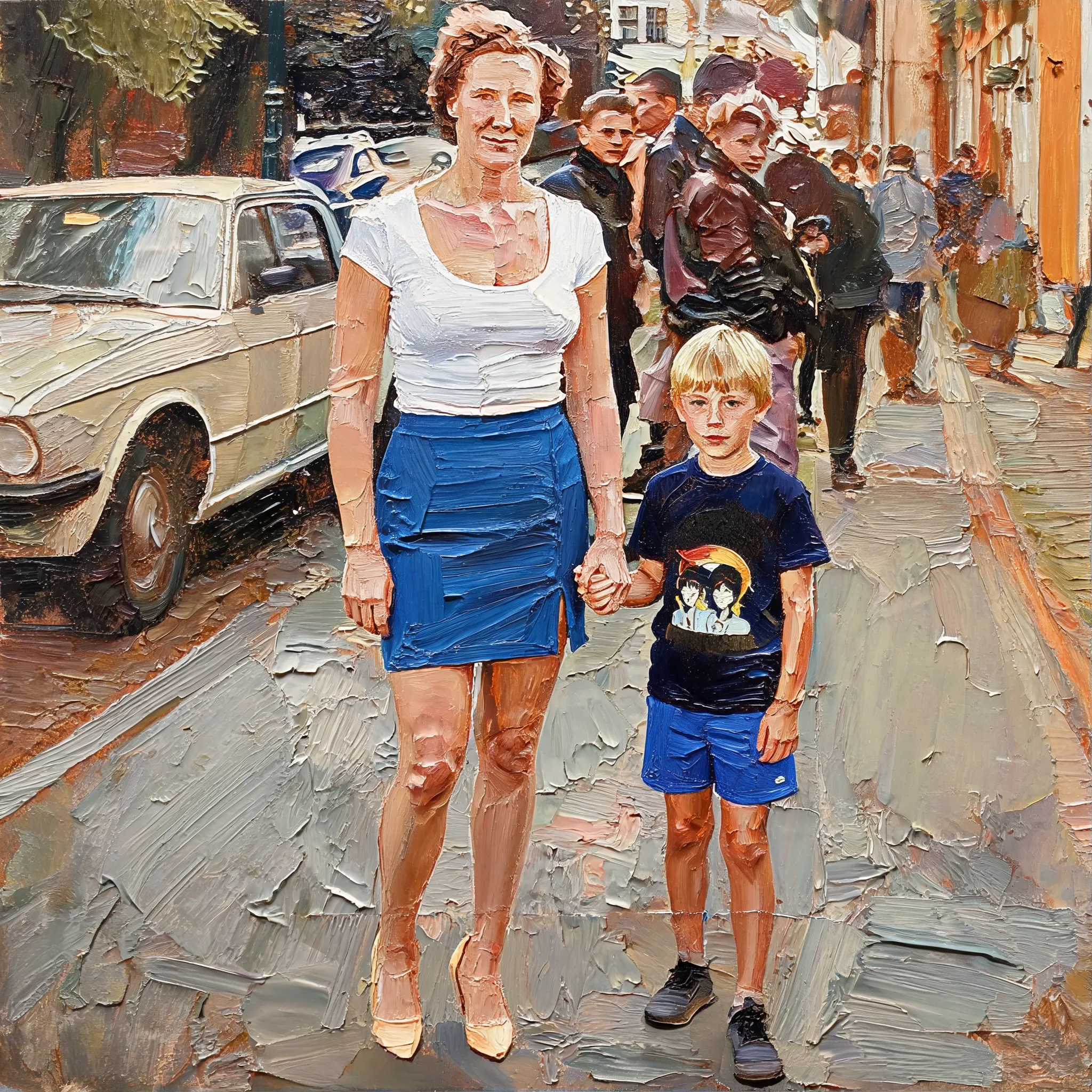 Transform this portrait into a high-end, heavily textured palette-knife abstract oil painting. Reinterpret the source subject not as a photo, but through bold masses of thick, layered impasto paint and energetic color-block collisions. The brushstrokes must be incredibly distinct and chaotic, with raw, scraped edges defining the silhouette cues and emotional energy. While fine facial details are gone, the core posture, emotional tone, and spiritual essence must remain perceptible through the massive paint movement. Render the background with the same thick, painterly language to create a unified, visually heavy, and emotionally charged abstract masterpiece.