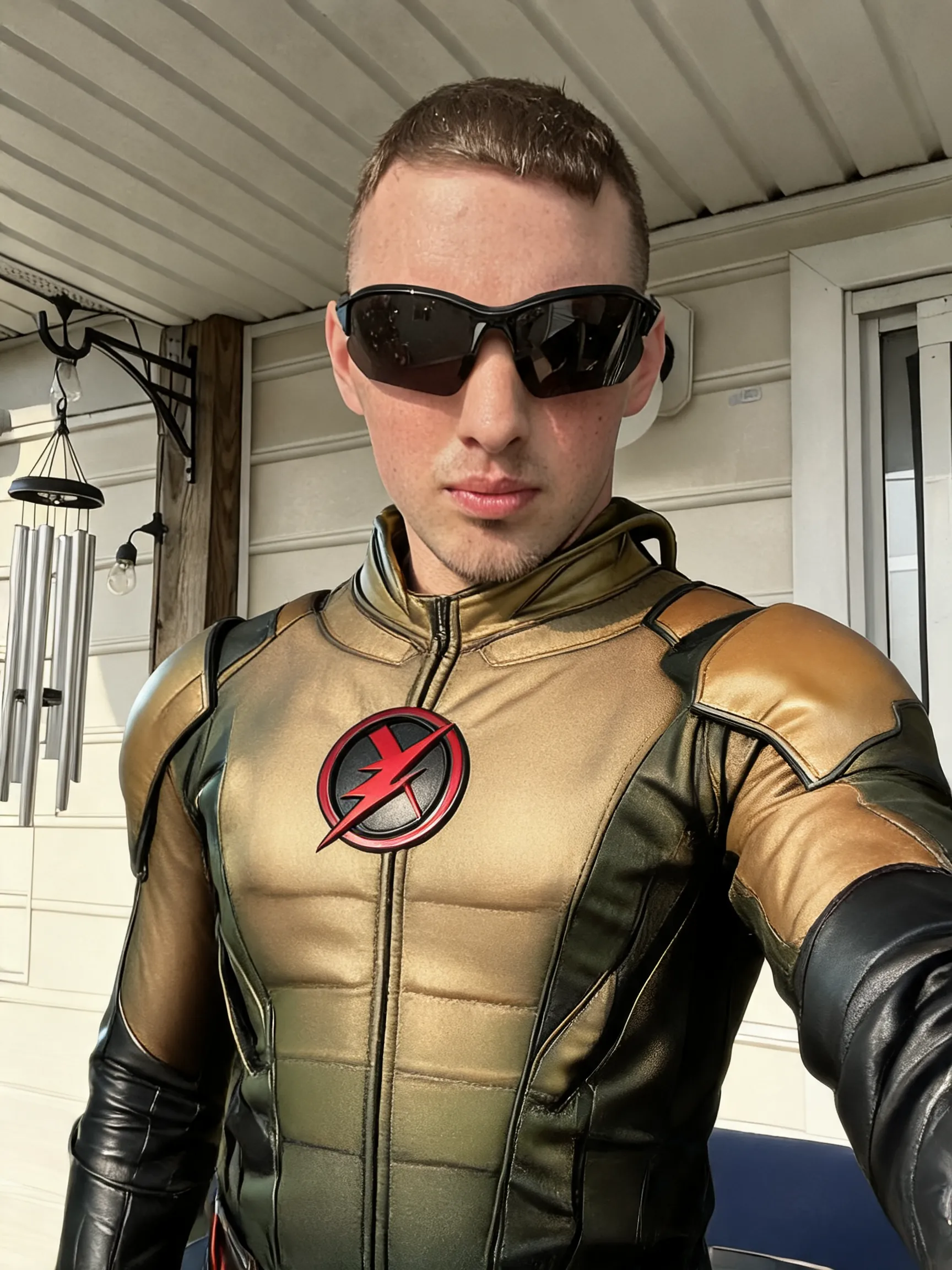 Try this clothing item on the person in the photo.