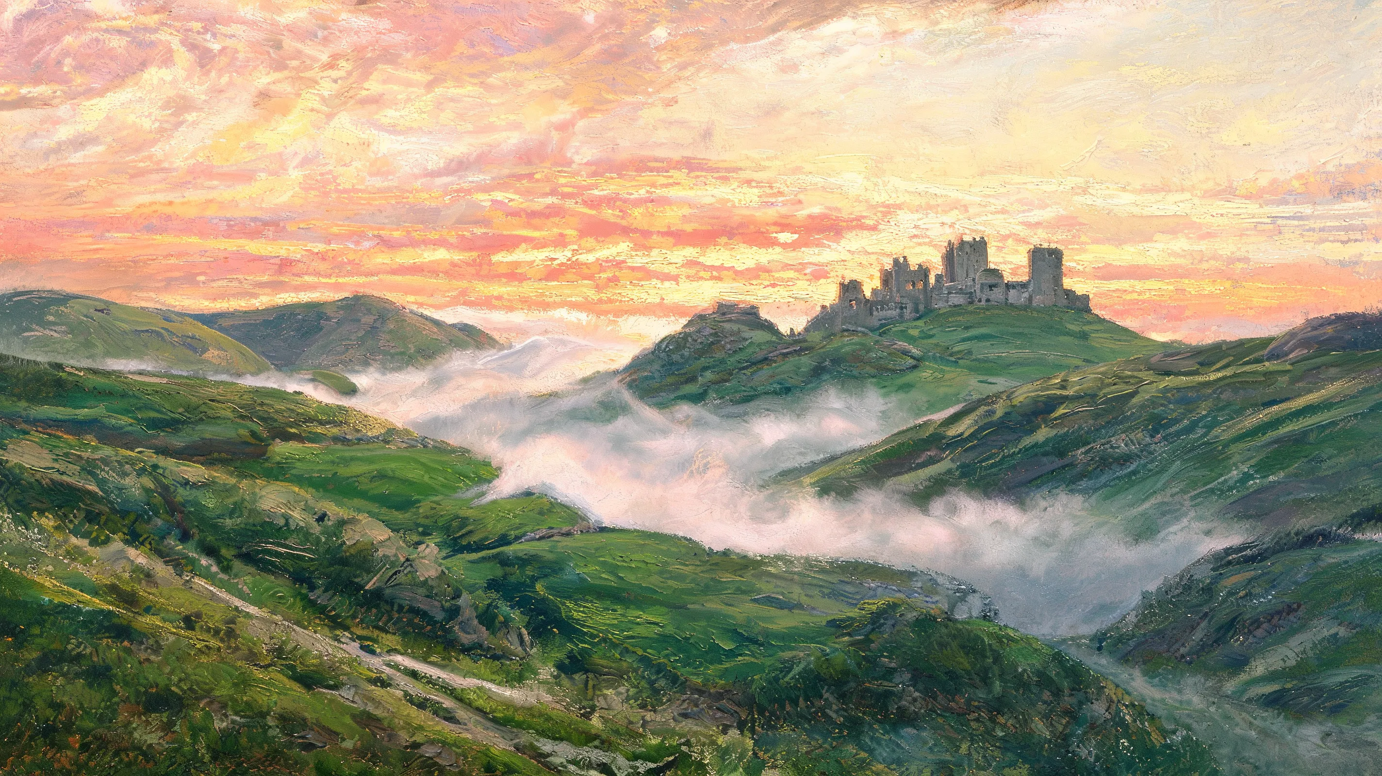 A majestic Scottish highland at sunrise, mist rolling over emerald green hills, an ancient stone castle ruins in the distance, golden and pink hues painting the sky, loose oil brushstrokes, rich impasto texture, dramatic atmospheric lighting, romantic landscape painting in the style of 19th-century Romanticism.