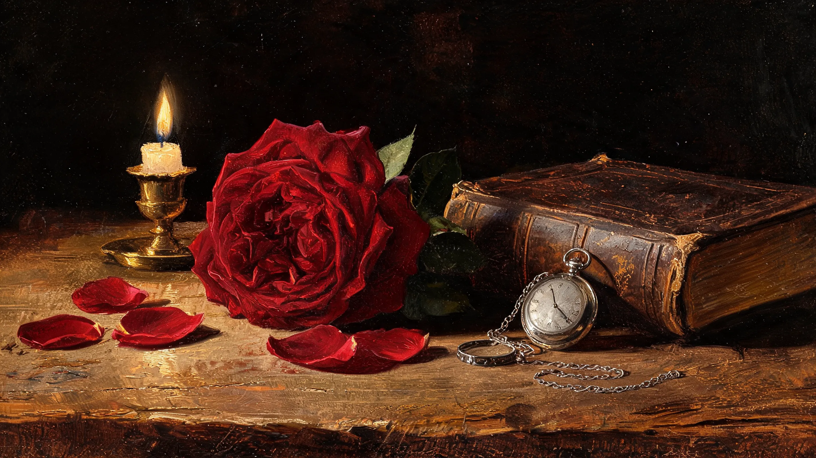 A close-up of a deep crimson velvet rose resting on a weathered wooden table, scattered petals around, a silver pocket watch and an old leather-bound book beside it, warm candlelight glow, dark chiaroscuro background, thick oil paint application, classical Dutch Golden Age still-life aesthetic.
