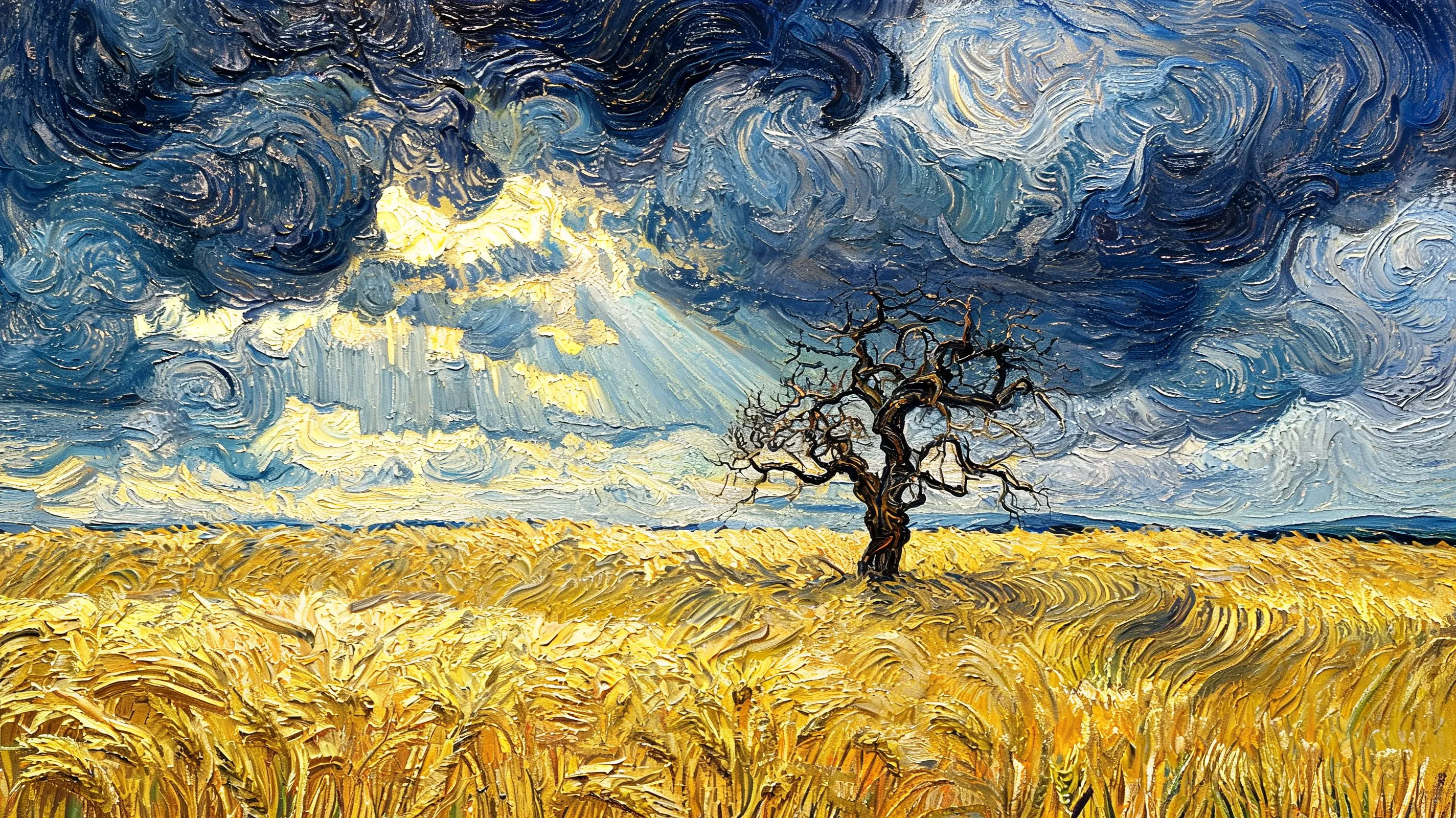 A vast golden wheat field under a brooding tempest sky, rolling dark clouds with slivers of sunlight breaking through, wind sweeping across the crops, a solitary gnarled oak tree standing firm, energetic and expressive brushwork, Van Gogh-inspired texture and vibrancy, dramatic contrast between light and shadow.