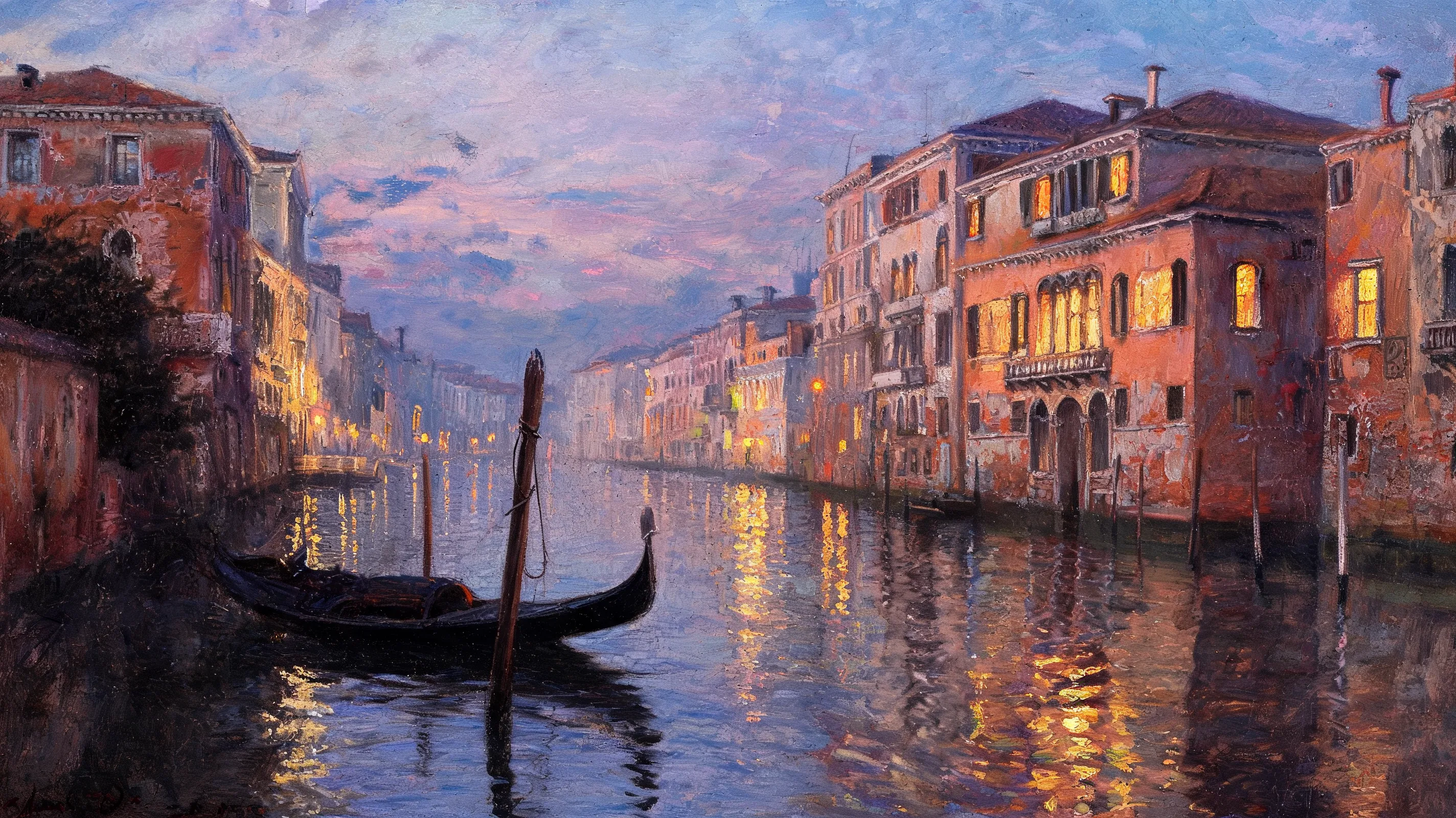 A quiet Venetian canal at twilight, aged terracotta buildings with peeling plaster, a lone gondola moored to a wooden post, shimmering reflections of warm amber windows in the dark water, soft impressionistic oil strokes, hazy atmospheric perspective, evocative and moody, inspired by Turner’s Venetian scenes.