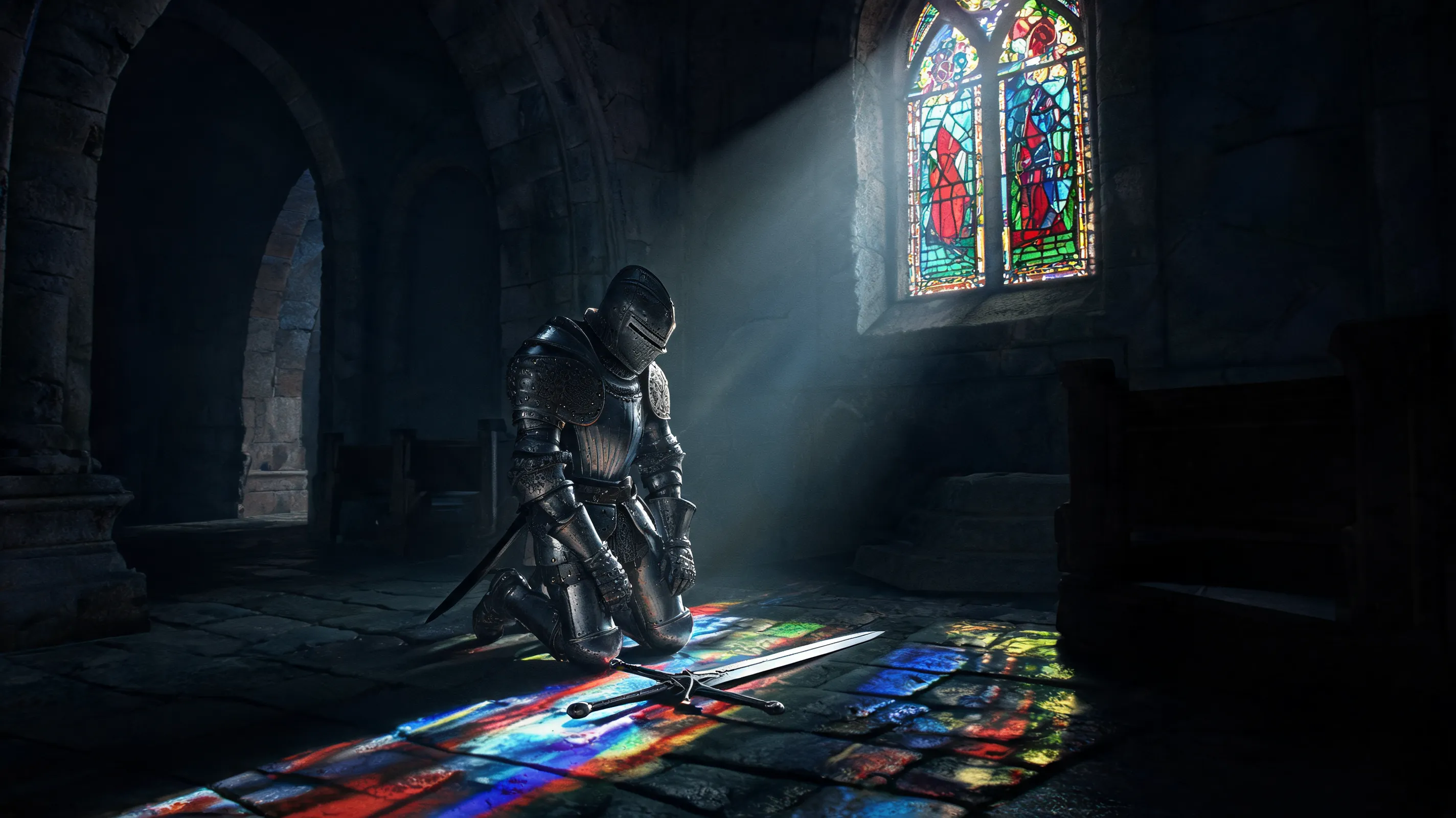 An armored knight kneeling in a dimly lit stone chapel, a single shaft of moonlight streaming through a stained-glass window, casting jewel-toned reflections on the cold floor, sword laid before him, solemn and reverent mood, rich oil glazes, meticulous detail in metal and glass, pre-Raphaelite artistic influence.
