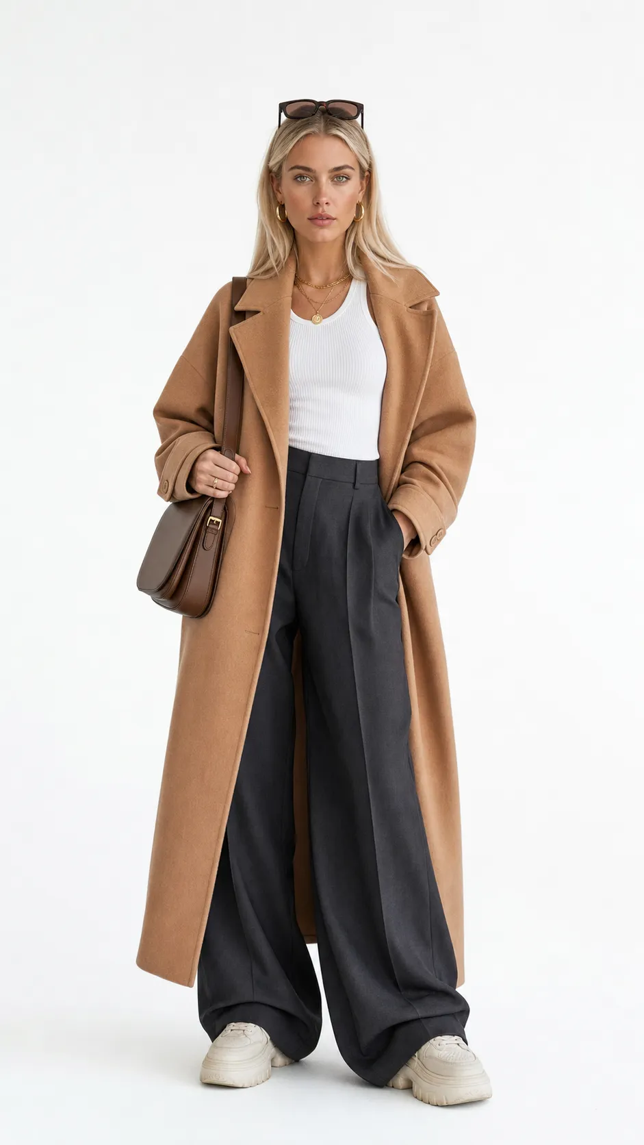 Ultra photorealistic full-length fashion studio portrait of a stylish 25-year-old German fashion creator, fair skin with a healthy natural glow, striking light green eyes, high cheekbones, defined jawline, long straight platinum blonde hair reaching below the shoulders, center-part hairstyle, confident editorial-model presence. She has the appearance of a successful European fashion influencer specializing in outfit styling, capsule wardrobes, luxury fashion finds, and seasonal trend content. Her look is highly fashionable, aspirational, modern, and instantly recognizable as a fashion creator. She is wearing a premium oversized camel wool trench coat layered over a fitted white ribbed tank top, high-waisted wide-leg charcoal tailored trousers, chunky cream leather platform sneakers, a structured luxury leather shoulder bag, statement gold hoop earrings, layered gold necklaces, and fashion-forward rectangular sunglasses resting on top of her head. The outfit demonstrates sophisticated layering, premium textures, modern fashion proportions, and high-end influencer styling. Full-length fashion portrait from head to toe. Entire body fully visible. Both feet completely inside the frame. Generous empty space above the head and around the body. Relaxed fashion-editorial standing pose. Strictly front-facing. Looking directly into the camera. Clean seamless pure white cyclorama photography studio background. Luxury fashion campaign photography. Shot on a full-frame DSLR camera. 85mm portrait lens. Soft diffused studio lighting. Highly realistic skin texture. Luxury editorial fashion aesthetic. Commercial campaign quality. Ultra realistic. Extremely detailed. 8K resolution. Negative Prompt:cheap clothing, outdated fashion, office wear, business suit, cropped feet, cropped body, cropped head, profile view, side pose, cartoon, anime, CGI, plastic skin, watermark, logo,9:16