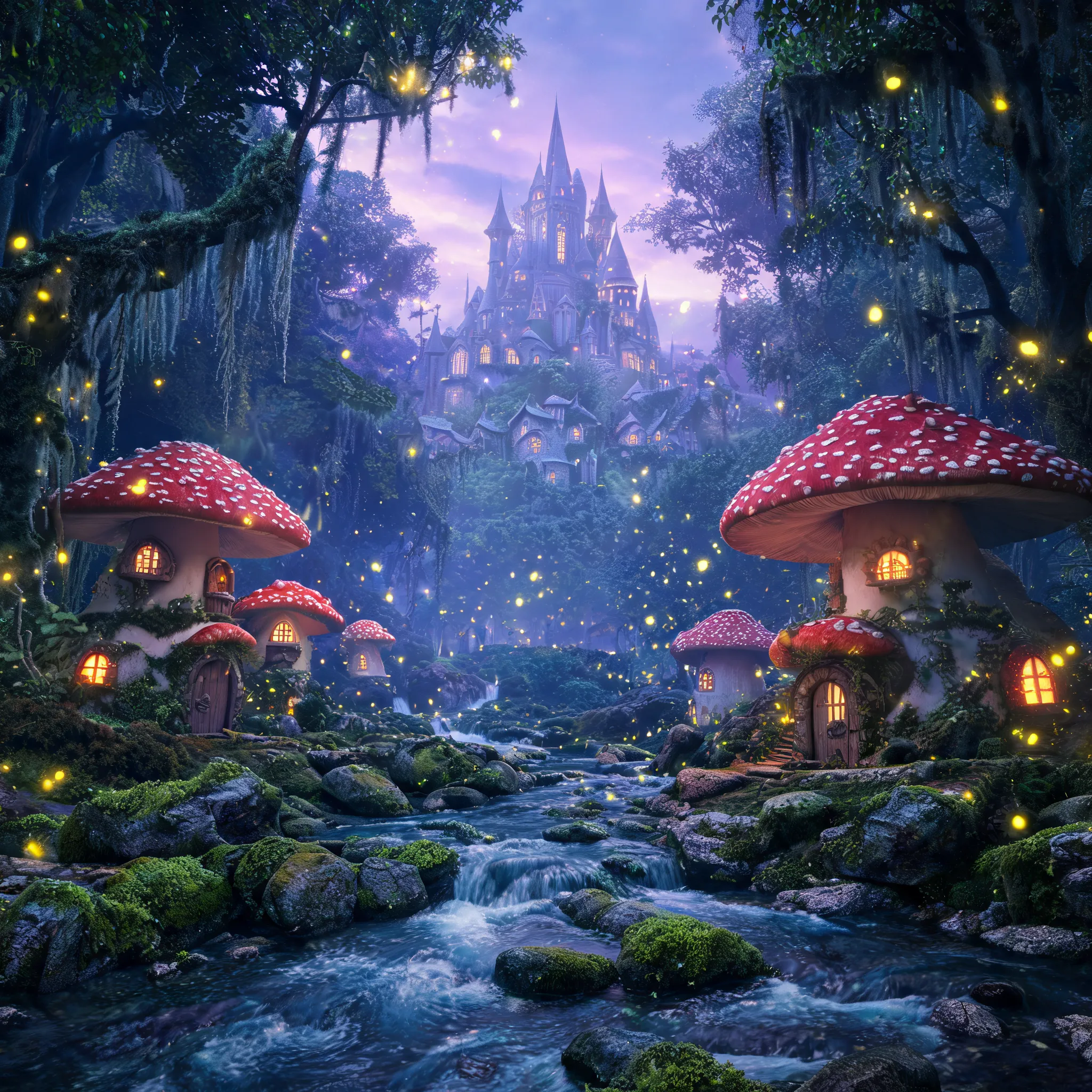 A mystical forest with giant mushroom houses, fireflies dancing in the air, a stream flowing through moss-covered rocks, and an elven castle visible in the distance.