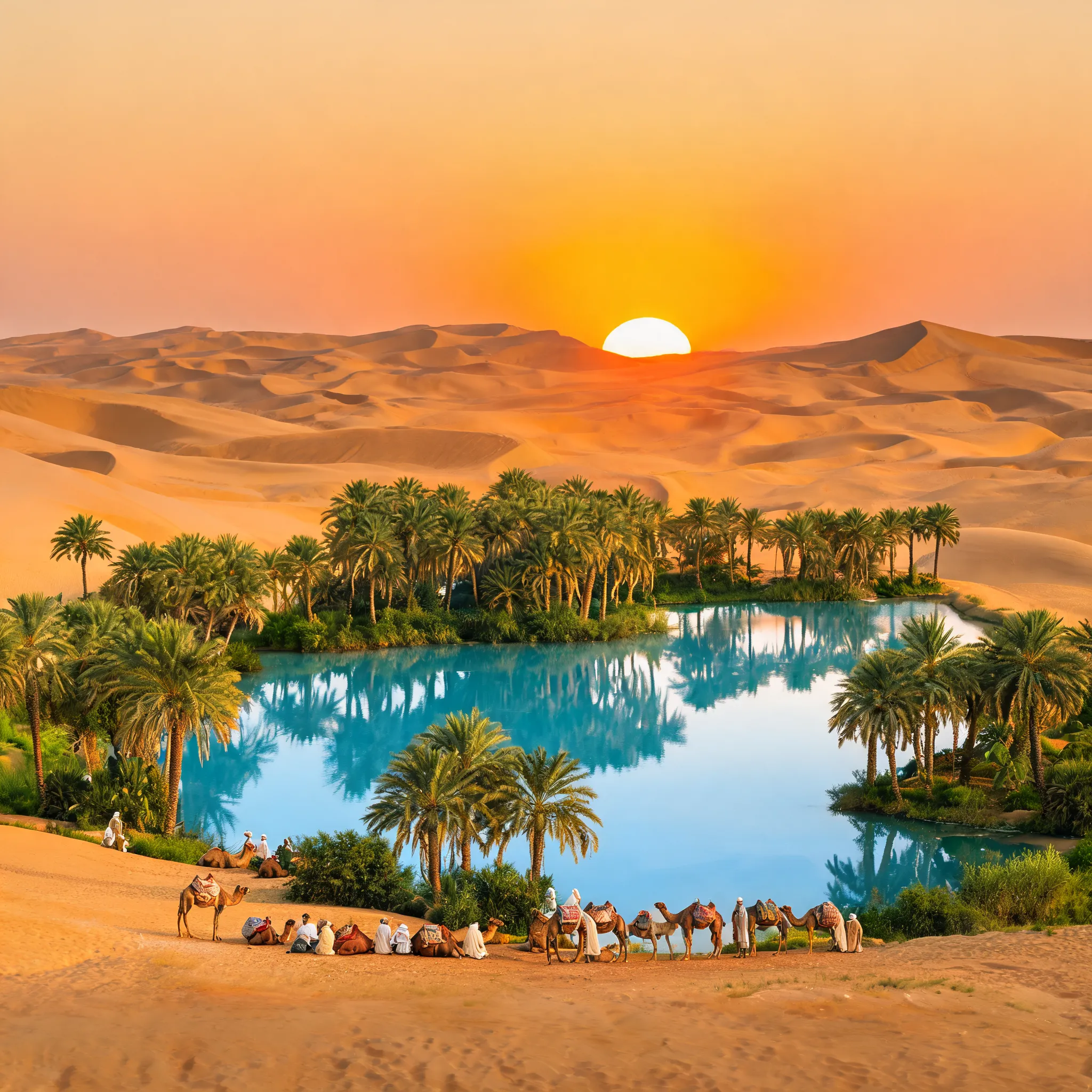 A lush green oasis in the middle of a vast desert, with palm trees surrounding a clear blue lake, a camel caravan resting by the water, and rolling sand dunes with a large setting sun in the background.