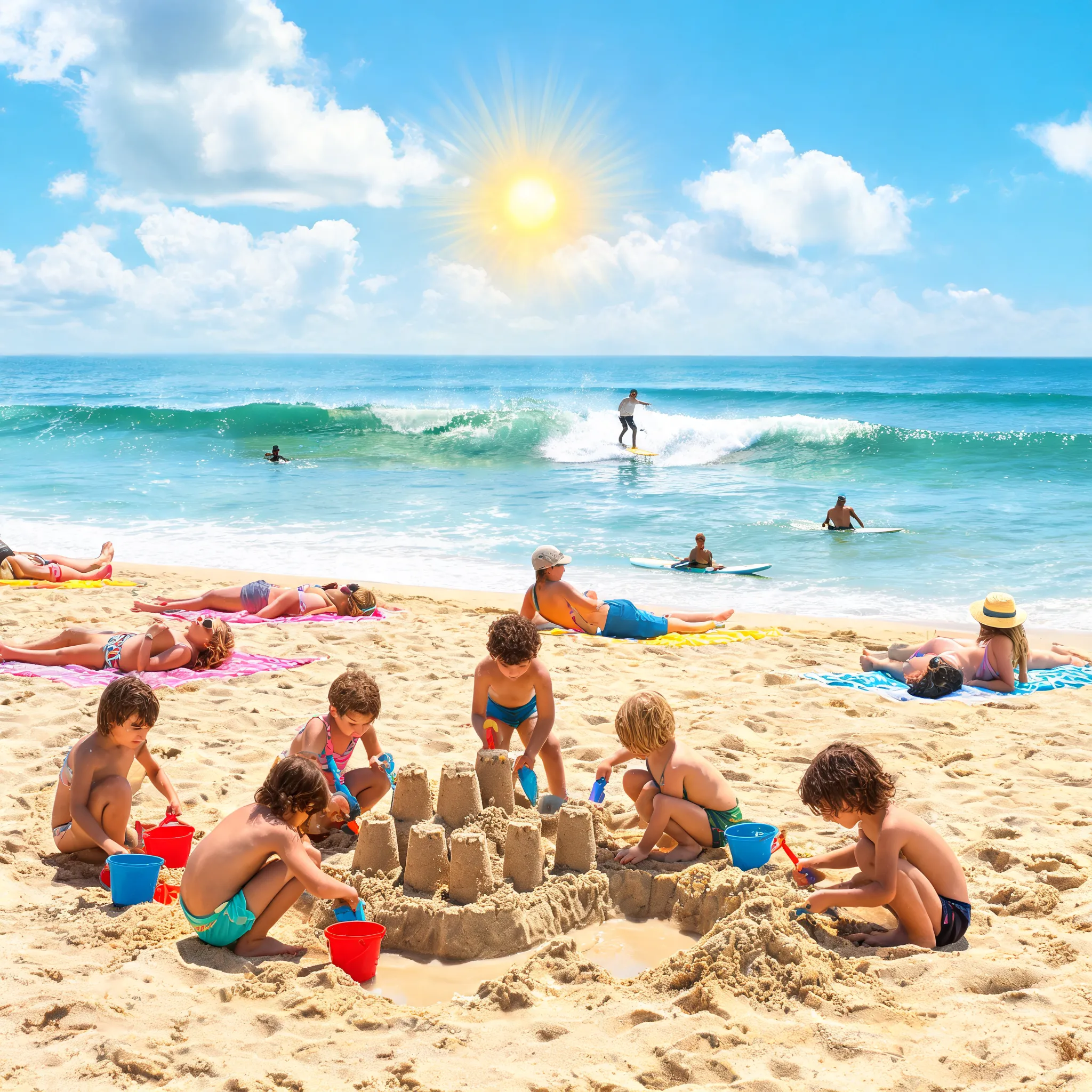 A sunny beach with tourists sunbathing, surfing, and children building sandcastles
