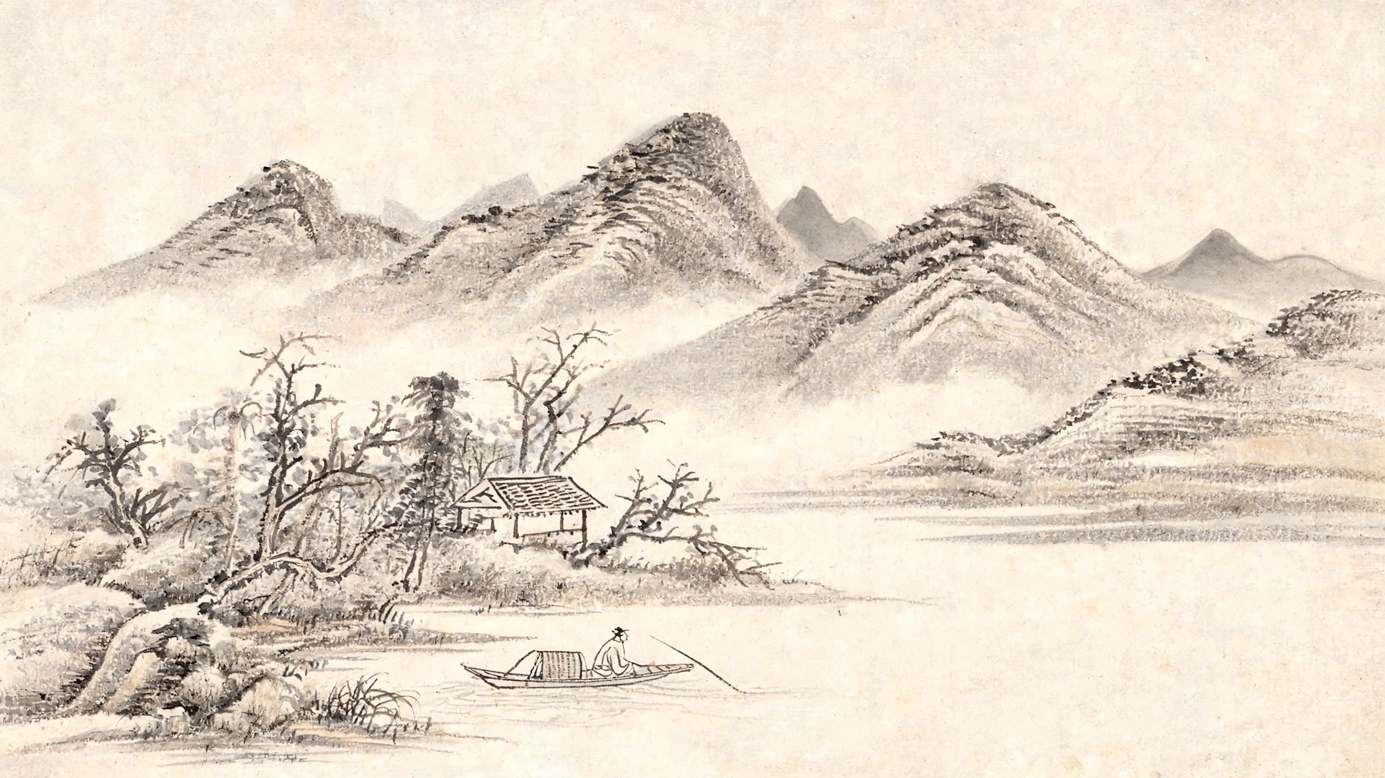 Ink wash landscape painting in the style of the Yuan Dynasty literati, after Huang Gongwang. Misty rivers and layered mountains with sparse, calligraphic brushstrokes. A lone fisherman on a boat, secluded pavilion among autumn trees. Emphasis on 'brush and ink' playfulness and poetic mood. Monochrome ink on rice paper, textured with the 'hemp-fiber' texture stroke. Masterpiece, Chinese painting style.