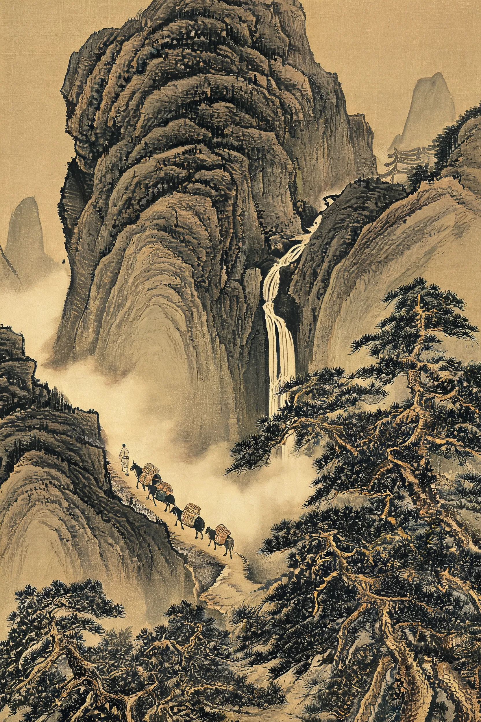 Mighty northern landscape, Song Dynasty court painting style, after Fan Kuan. Towering granite cliffs dominating the composition, detailed pine forests in the foreground. A mule train on a mountain path, cascading waterfall. Meticulous brushwork, strong 'axe-cut' texture strokes, light mineral color tinting on silk. Grand, monumental, and highly detailed.