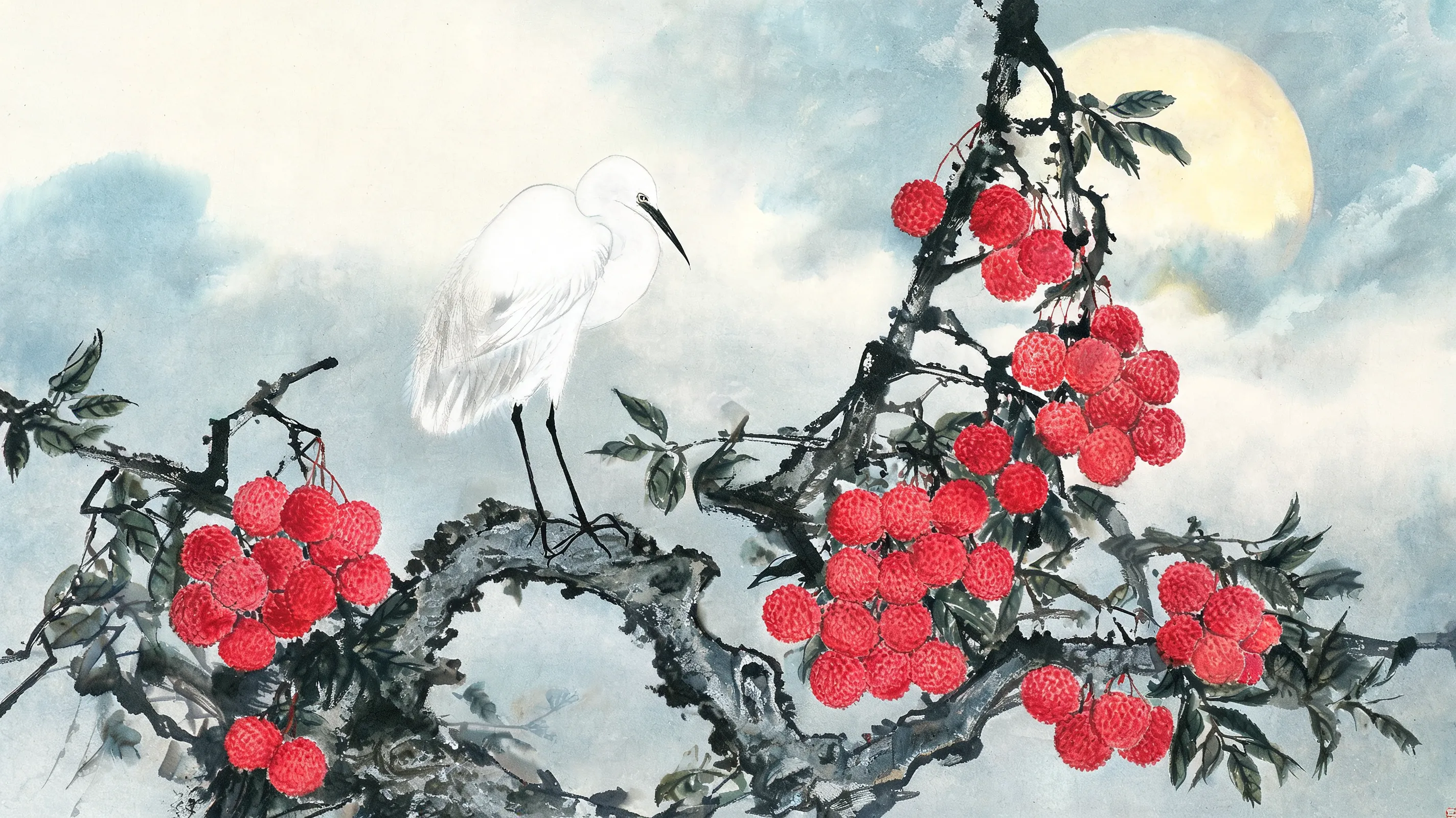 Lingnan School Chinese painting, after Gao Jianfu. A snowy egret standing on a branch of a lychee tree laden with red fruit. The background features a misty moonlit sky with a soft, luminous effect. Bright color palette, heavy emphasis on shading and atmospheric perspective to create a three-dimensional feel. Fusion of Chinese ink and Western watercolor techniques.