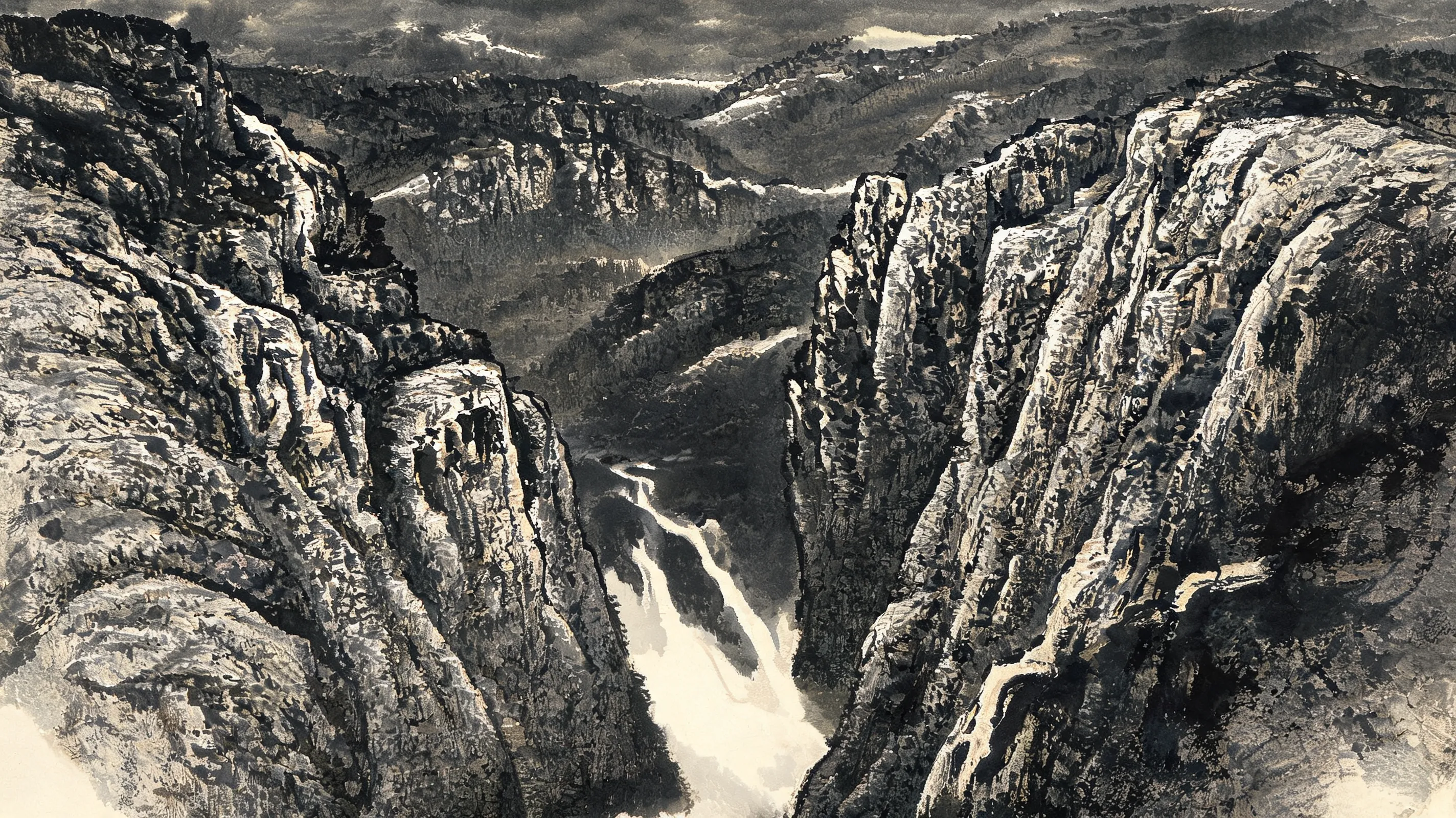 'Jinling Painting School' style landscape, after Gong Xian. Dense, layered ink washes depicting a deep valley with towering, rugged rocks. There is a sense of profound darkness and majesty, yet with bright, unpainted highlights creating a strong contrast. The brushwork is subtle, using multiple layers of ink accumulation ('accumulated ink') to build volume.