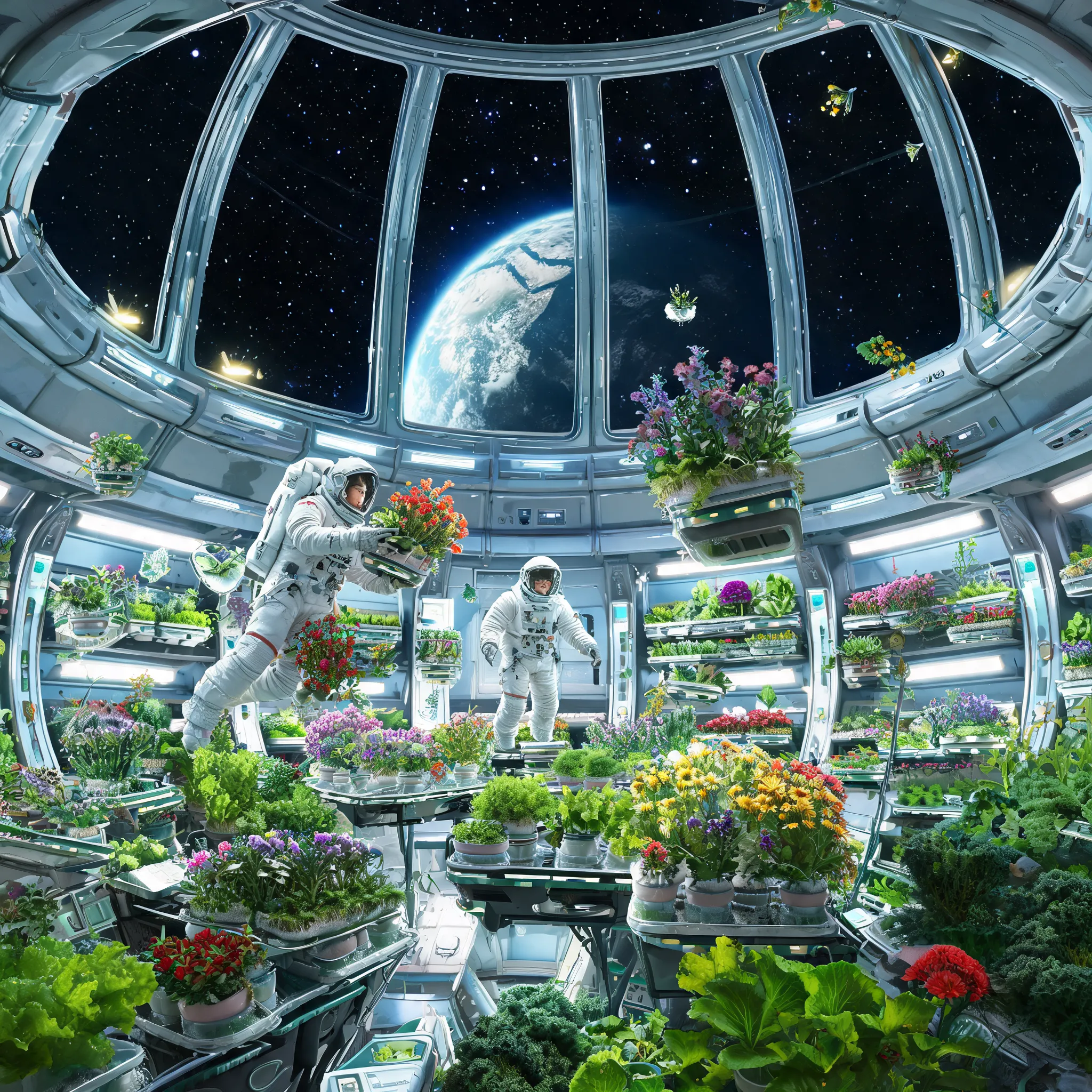 A massive greenhouse inside an international space station, filled with various plants and flowers, astronauts tending to the vegetation in zero gravity, with Earth and stars visible through large observation windows.
