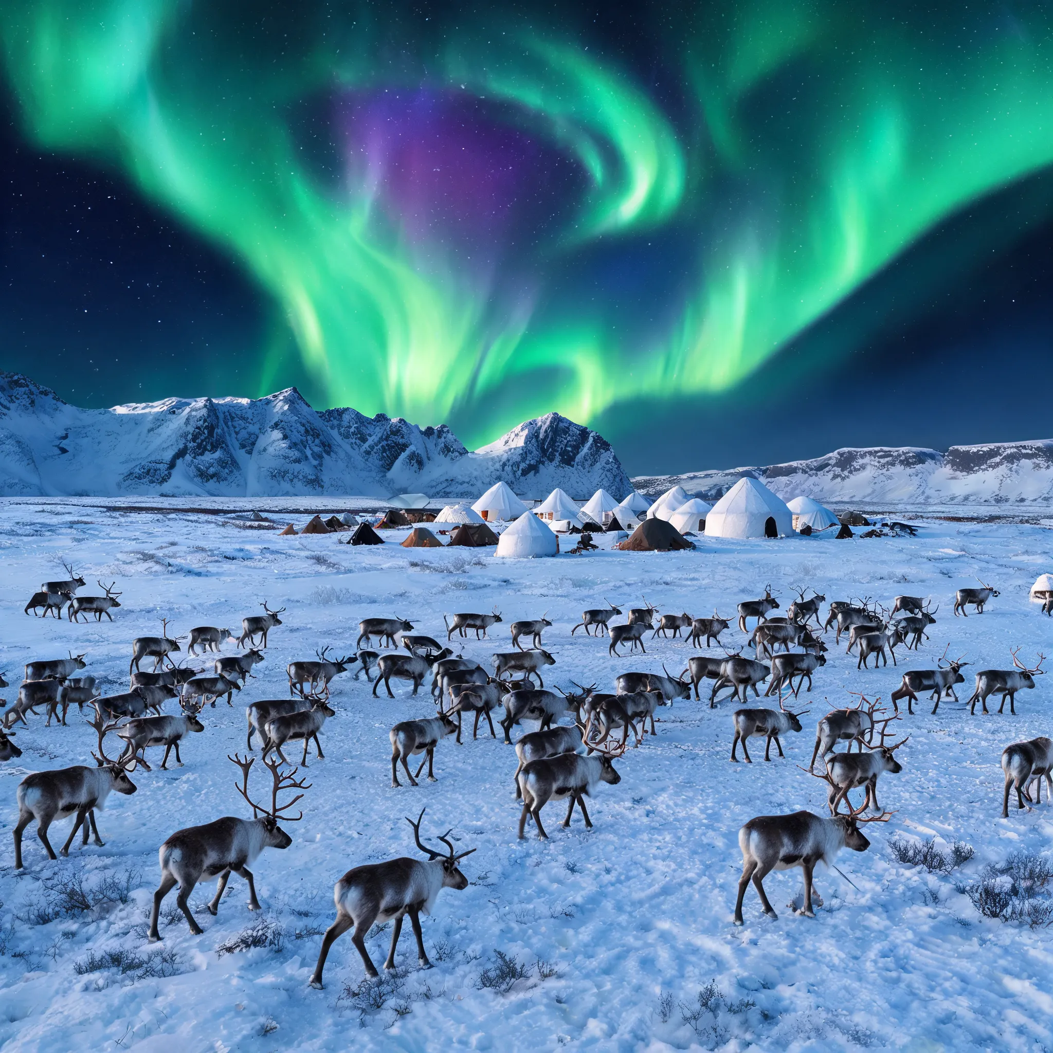 A herd of reindeer wandering across the Arctic tundra, with a spectacular display of the Northern Lights dancing in the sky, snow-capped mountains and a small Inuit village in the distance.