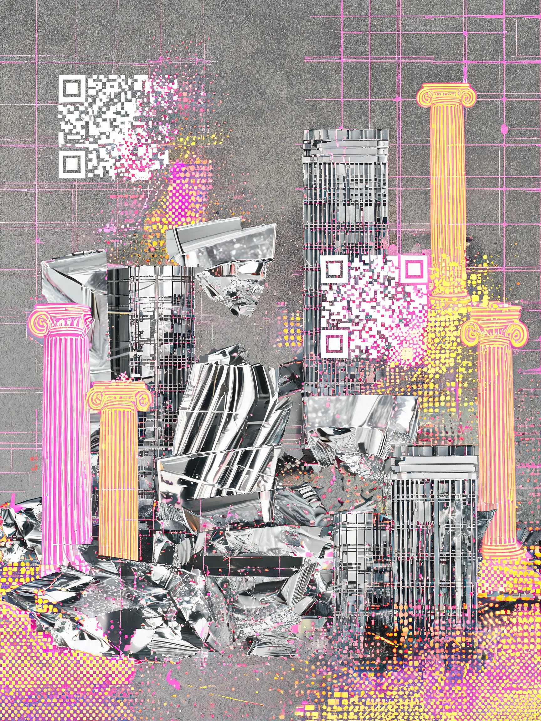 A futuristic cityscape rendered in a postmodern collage style, where gleaming chrome skyscrapers are fragmented and overlaid with distorted pop-art halftone dots, classical Greek columns made of translucent neon, and floating QR codes that dissolve into static. The color palette clashes between fluorescent pinks and cyber-yellows against a muted, grainy gray background. Perspective is deliberately flattened and impossible, blending the grid of a cyberpunk interface with the chaotic composition of a 1980s Memphis Group print. Digital painting, high contrast, sharp and blurry textures.