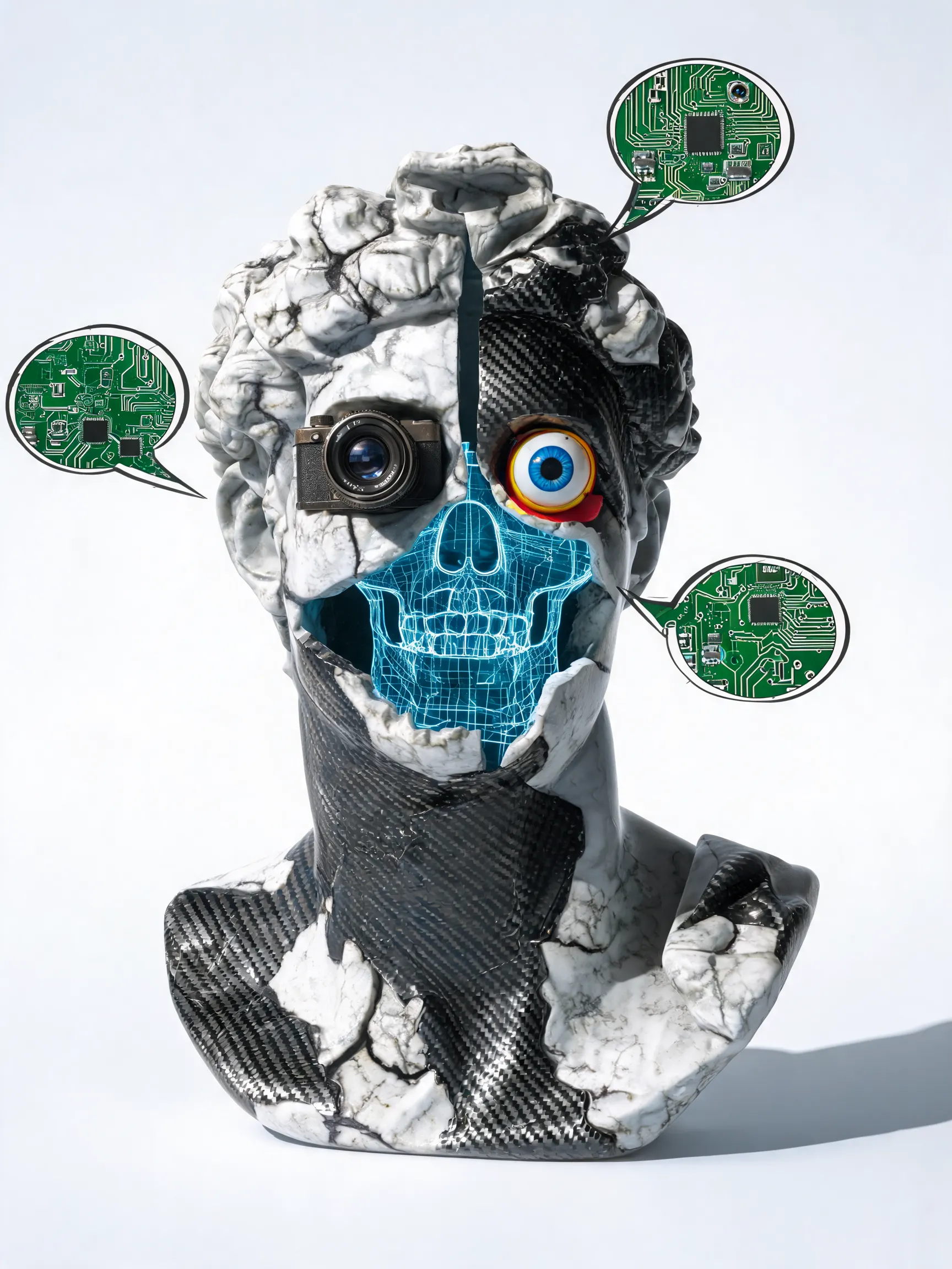 A postmodern deconstruction of a classical human bust, reimagined as a futuristic android. The statue's surface is a mosaic of cracked white marble and high-gloss carbon fiber, with its face splitting apart to reveal a glowing holographic wireframe skull. One eye is a vintage camera lens, the other is a child's colorful plastic toy. It is surrounded by floating, oversized 1950s comic book speech bubbles that contain cryptic circuit-board patterns, all set against a stark, minimalist white void with harsh, artificial lighting. Surrealist, photorealistic, with a satirical edge.
