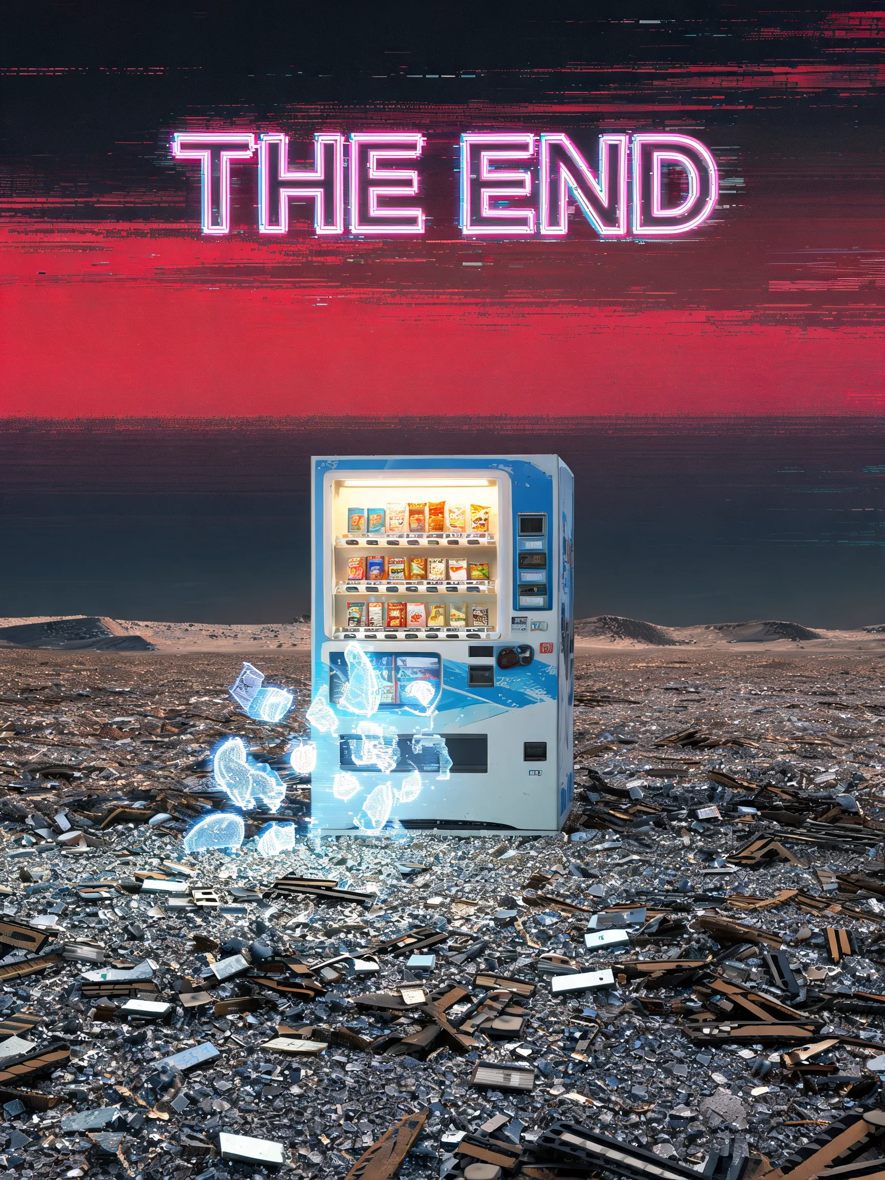 A post-apocalyptic future seen through the lens of postmodern irony. A vast, empty desert where the sand is made of crushed computer chips and VHS tape shreds. In the center stands a perfectly preserved, glowing vending machine from the 1990s, dispensing ethereal, holographic food items. The sky is a glitched-out reproduction of a Rothko painting (blocks of hazy red and black), interrupted by a floating, oversized neon sign that reads 'THE END' in a retro comic sans style. The image critiques consumerism and nostalgia, utilizing a gritty, low-fi digital texture with bold, unnatural colors.