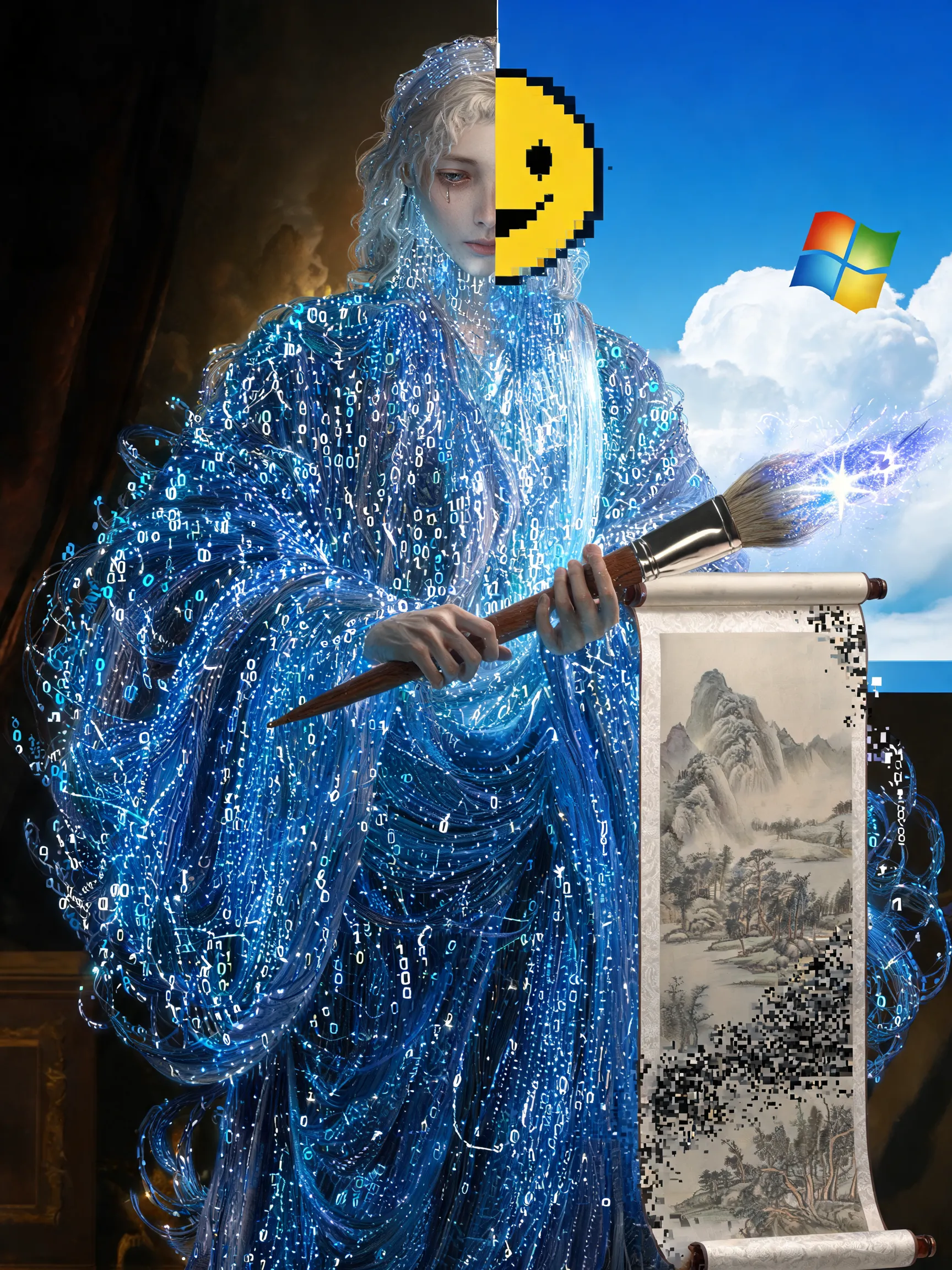 A full-body portrait of a figure composed entirely of interconnected, glowing data streams, but posed like a character from a Baroque painting, with dramatic, flowing robes made of fiber-optic cables. Their face is a split-screen: half is a hyper-realistic, melancholic human eye, the other half is a low-poly 3D render of a smiley face emoji. They are holding a staff that is a literal paintbrush dipped in starlight, painting a traditional Chinese landscape scroll that slowly pixelates into static. The background is a patchwork of Baroque chiaroscuro and Windows 98 desktop backgrounds. Digital art, intricate, highly detailed, poignant.