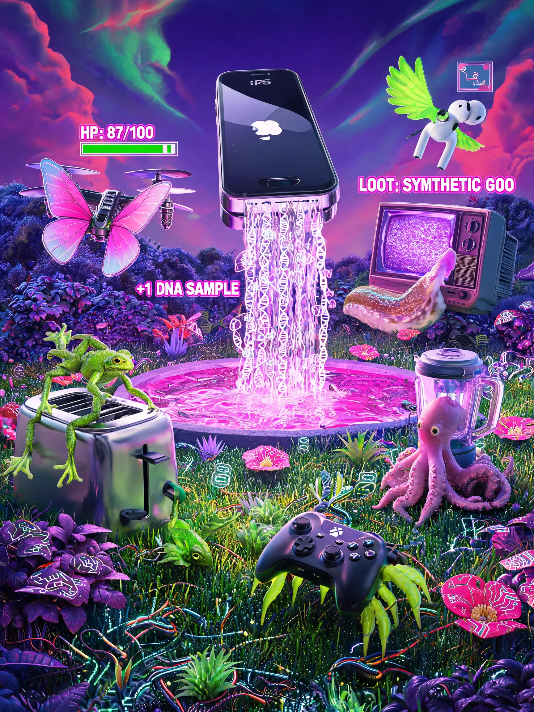 Hieronymus Bosch's 'Garden of Earthly Delights' reimagined 300 years in the future as a postmodern meme. The surreal creatures are now a mix of bio-engineered animals and discarded consumer electronics (e.g., a toaster with frog legs, drones with butterfly wings). The central fountain is a colossal, upside-down iPhone pouring out a waterfall of artificial, synthetic DNA strands. The entire scene is saturated in hyper-neon colors (acid green, deep violet, hot pink) and rendered with a glossy, 3D render aesthetic reminiscent of a video game cutscene, complete with floating UI elements and health bars over the figures.