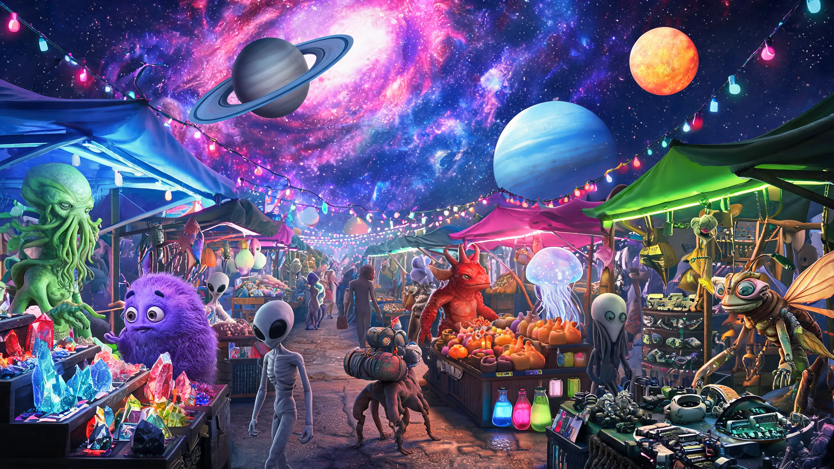 A busy alien marketplace with various strange extraterrestrial beings moving between stalls, selling an array of intergalactic goods, with colorful nebulae and planets in the background.